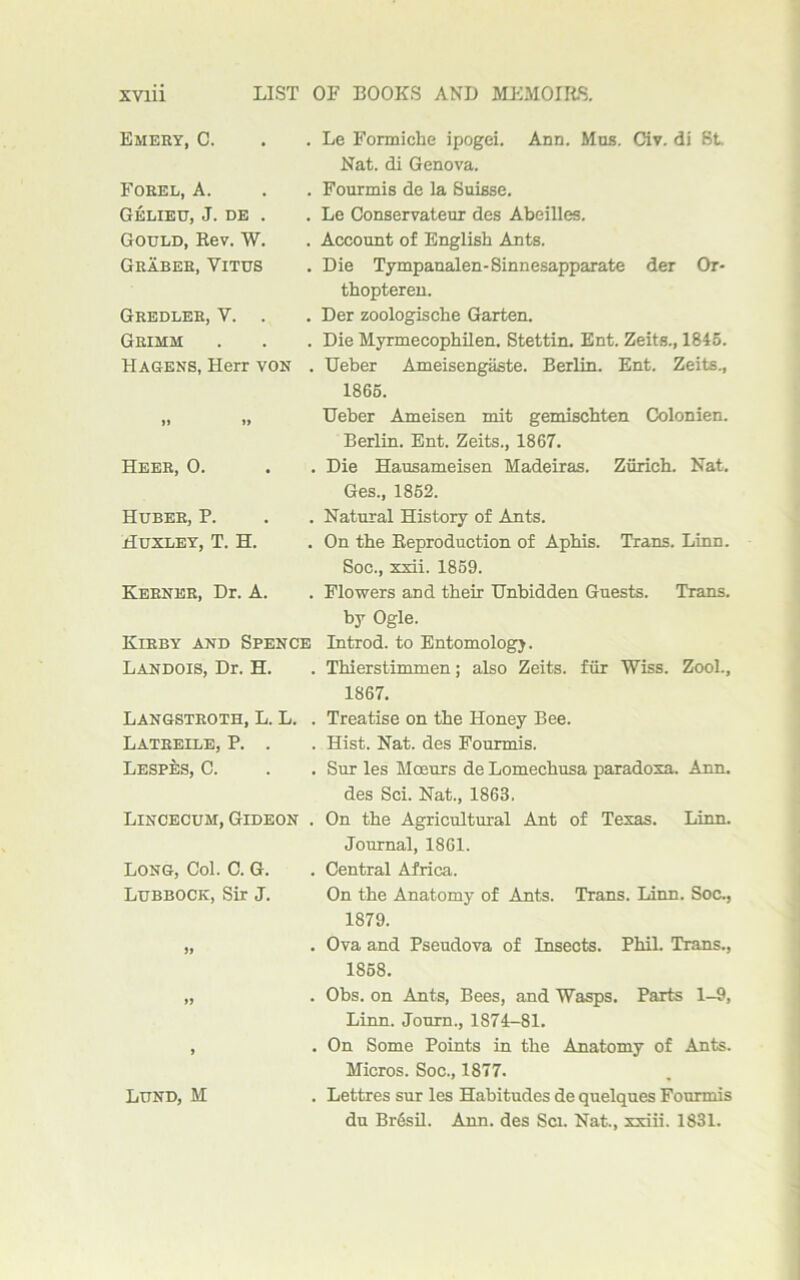 Emery, C. Forel, A. Gelieu, J. de . Gould, Rev. W. Graber, Yitus Gredler, Y. . Grimm Hagens, Herr von . »» »> Heer, 0. Huber, P. Huxley, T. H. Keener, Dr. A. Kirby and Spence Landois, Dr. H. Langstroth, L. L. . Latreile, P. . Lespes, C. Lincecum, Gideon . Long, Col. C. G. Lubbock, Sir J. » » • Lund, M Le Formiche ipogei. Ann. Mus. Civ. di St Nat. di Genova. Fourmis de la Suisse. Le Conservateur des Abeilles. Account of English Ants. Die Tympanalen-Sinnesapparate der Or- thopteren. Der zoologische Garten. Die Myrmecophilen. Stettin. Ent. Zeits., 1845. Ueber Ameisengaste. Berlin. Ent. Zeits., 1865. Ueber Ameisen mit gemischten Colonien. Berlin. Ent. Zeits., 1867. Die Hausameisen Madeiras. Zurich. Nat. Ges., 1852. Natural History of Ants. On the Reproduction of Aphis. Trans. Linn. Soc., xxii. 1859. Flowers and their Unbidden Guests. Trans, by Ogle. Introd. to Entomology. Thierstimmen; also Zeits. fiir Wiss. Zool., 1867. Treatise on the Honey Bee. Hist. Nat. des Fourmis. Sur les Moeurs de Lomechusa paradoxa. Ann. des Sci. Nat., 1863. On the Agricultural Ant of Texas. Linn. Journal, 1861. Central Africa. On the Anatomy of Ants. Trans. Linn. Soc., 1879. Ova and Pseudova of Insects. Phil. Trans., 1858. Obs. on Ants, Bees, and Wasps. Parts 1-9, Linn. Journ., 1874-81. On Some Points in the Anatomy of Ants. Micros. Soc., 1877. Lettres sur les Habitudes de quelques Fourmis du BiAsil. Ann. des Sci. Nat., xxiii. 1831.