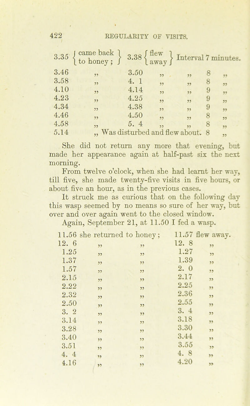 / 3'35 { toioney t I 3’38 { awly } Interval 7 3.46 3.58 4.10 4.23 4.34 4.46 4.58 5.14 33 3.50 33 33 8 33 33 4. 1 33 33 8 33 33 4.14 33 33 9 33 33 4.25 33 33 9 33 33 4.38 33 33 9 33 33 4.50 33 33 8 33 33 5. 4 33 33 8 33 33 Was disturbed and flew about. 8 33 She did not return any more that evening, but made her appearance again at half-past six the next morning. From twelve o’clock, when she had learnt her way, till five, she made twenty-five visits in five hours, or about five an hour, as in the previous cases. It struck me as curious that on the following day this wasp seemed by no means so sure of her way, but over and over again went to the closed window. Again, September 21, at 11.50 I fed a wasp. 11.56 she returned to honey ; 11.57 flew away. 12. 6 33 33 12. 8 33 1.25 33 33 1.27 33 1.37 33 33 1.39 33 1.57 33 33 2. 0 33 2.15 33 33 2.17 33 2.22 33 33 2.25 33 2.32 33 33 2.36 33 2.50 33 33 2.55 33 3. 2 33 33 3. 4 33 3.14 33 33 3.18 33 3.28 33 33 3.30 33 3.40 33 33 3.44 33 3.51 33 33 3.55 33 4. 4 33 33 4. 8 33 4.16 33 33 4.20 33