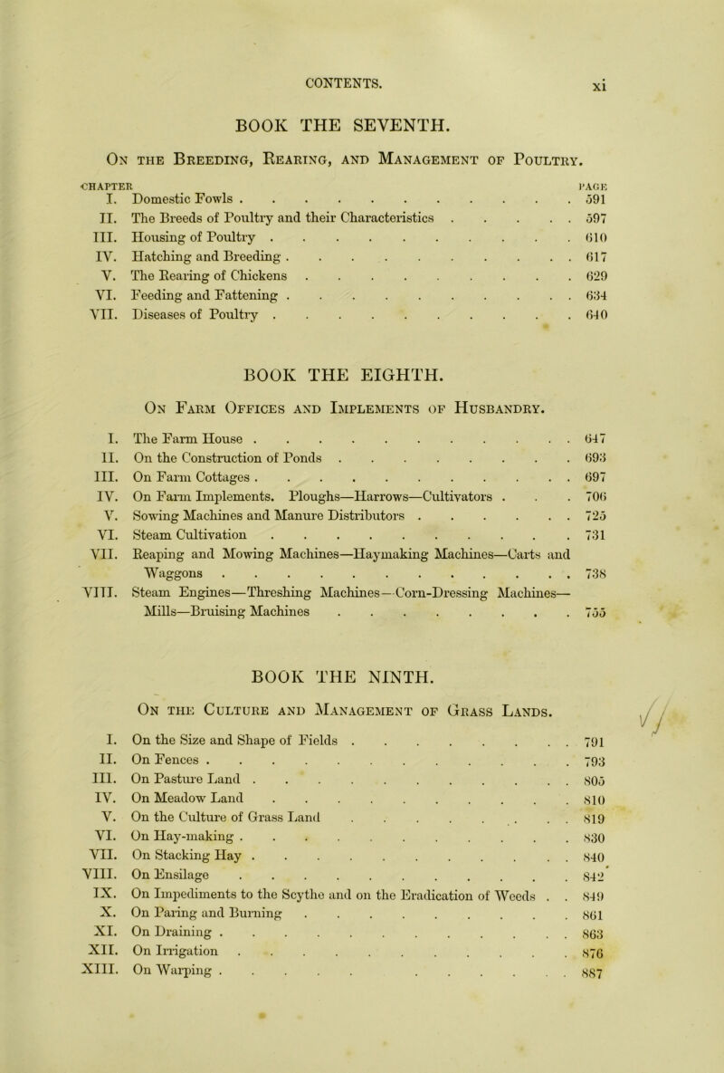 xi BOOK THE SEVENTH. On the Breeding, Bearing, and Management of Poultry. CHAPTER PAGE I. Domestic Fowls . . 591 II. The Breeds of Poultry and their Characteristics 597 III. Housing of Poultry . . . 610 IV. Hatching and Breeding 617 V. The Bearing of Chickens 629 VI. Feeding and Fattening .......... 634 VII. Diseases of Poultry . . . . . . . . . .640 BOOK THE EIGHTH. On Farm Offices and Implements of Husbandry. I. The Farm House 647 II. On the Construction of Ponds 693 III. On Farm Cottages 697 IV. On Farm Implements. Ploughs—Harrows—Cultivators . . .706 V. Sowing Machines and Manure Distributors . . . . . 725 VI. Steam Cultivation . .731 VII. Heaping and Mowing Machines—Haymaking Machines—Carts and Waggons 738 VITI. Steam Engines—Threshing Machines—Corn-Dressing Machines— Mills—Bruising Machines 755 BOOK THE NINTH. On the Culture and Management of Grass Lands. I. On the Size and Shape of Fields 791 II. On Fences 793 III. On Pasture Land 805 IV. On Meadow Land . . 810 V. On the Culture of Grass Land . . . . . . . . 819 VI. On Hay-making ........... 830 VII. On Stacking Hay ........... 840 VIII. On Ensilage ........... 842 IX. On Impediments to the Scythe and on the Eradication of Weeds . . 849 X. On Paring and Burning . . . . . . . . .861 XI. On Draining ............ 863 XII. On Irrigation ........... 876 XIII. On Warping 887