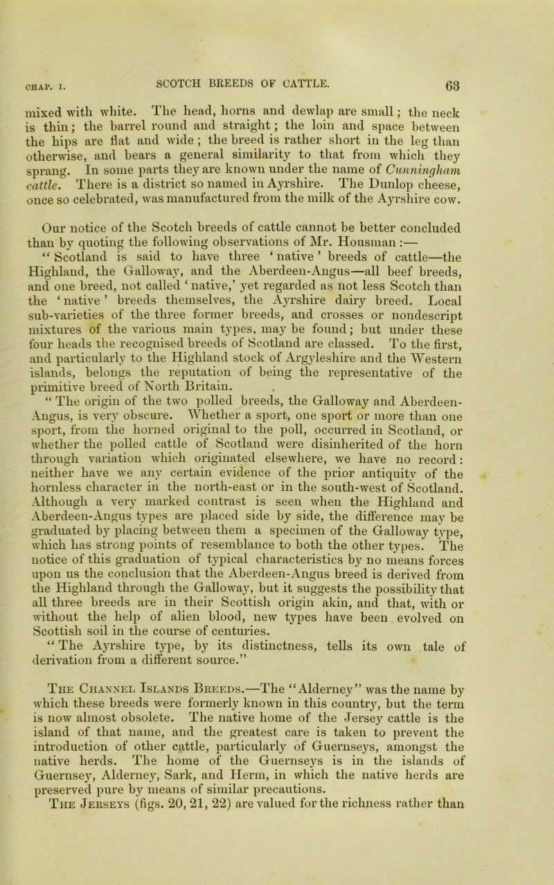 mixed with white. The head, horns and dewlap are small; the neck is thin; the barrel round and straight; the loin and space between the hips are Hat and wide ; the breed is rather short in the leg than otherwise, and bears a general similarity to that from which they sprang. In some parts they are known under the name of Cunningham cattle. There is a district so named in Ayrshire. The Dunlop cheese, once so celebrated, was manufactured from the milk of the Ayrshire cow. Our notice of the Scotch breeds of cattle cannot be better concluded than by quoting the following observations of Mr. Housman :— “ Scotland is said to have three ‘ native ’ breeds of cattle—the Highland, the Galloway, and the Aberdeen-Angus—all beef breeds, and one breed, not called ‘ native,’ yet regarded as not less Scotch than the ‘ native ’ breeds themselves, the Ayrshire dairy breed. Local sub-varieties of the three former breeds, and crosses or nondescript mixtures of the various main types, may be found; but under these four heads the recognised breeds of Scotland are classed. To the first, and particularly to the Highland stock of Argyleshire and the Western islands, belongs the reputation of being the representative of the primitive breed of North Britain. “ The origin of the two polled breeds, the Galloway and Aberdeen- Angus, is very obscure. Whether a sport, one sport or more than one sport, from the horned original to the poll, occurred in Scotland, or whether the polled cattle of Scotland were disinherited of the horn through variation which originated elsewhere, we have no record: neither have we any certain evidence of the prior antiquity of the hornless character in the north-east or in the south-west of Scotland. Although a very marked contrast is seen when the Highland and Aberdeen-Angus types are placed side b}^ side, the difference may be graduated by placing between them a specimen of the Galloway type, which has strong points of resemblance to both the other types. The notice of this graduation of typical characteristics by no means forces upon us the conclusion that the Aberdeen-Angus breed is derived from the Highland through the Galloway, but it suggests the possibility that all three breeds are in their Scottish origin akin, and that, with or without the help of alien blood, new types have been evolved on Scottish soil in the course of centuries. “ The Ayrshire type, by its distinctness, tells its own tale of derivation from a different source.” The Channel Islands Bueeds.—The “Alderney” was the name by which these breeds were formerly known in this country, but the term is now almost obsolete. The native home of the Jersey cattle is the island of that name, and the greatest care is taken to prevent the introduction of other cattle, particularly of Guernseys, amongst the native herds. The home of the Guernseys is in the islands of Guernsey, Alderney, Sark, and Herm, in which the native herds are preserved pure by means of similar precautions. The Jerseys (figs. 20, 21, 22) are valued for the richness rather than