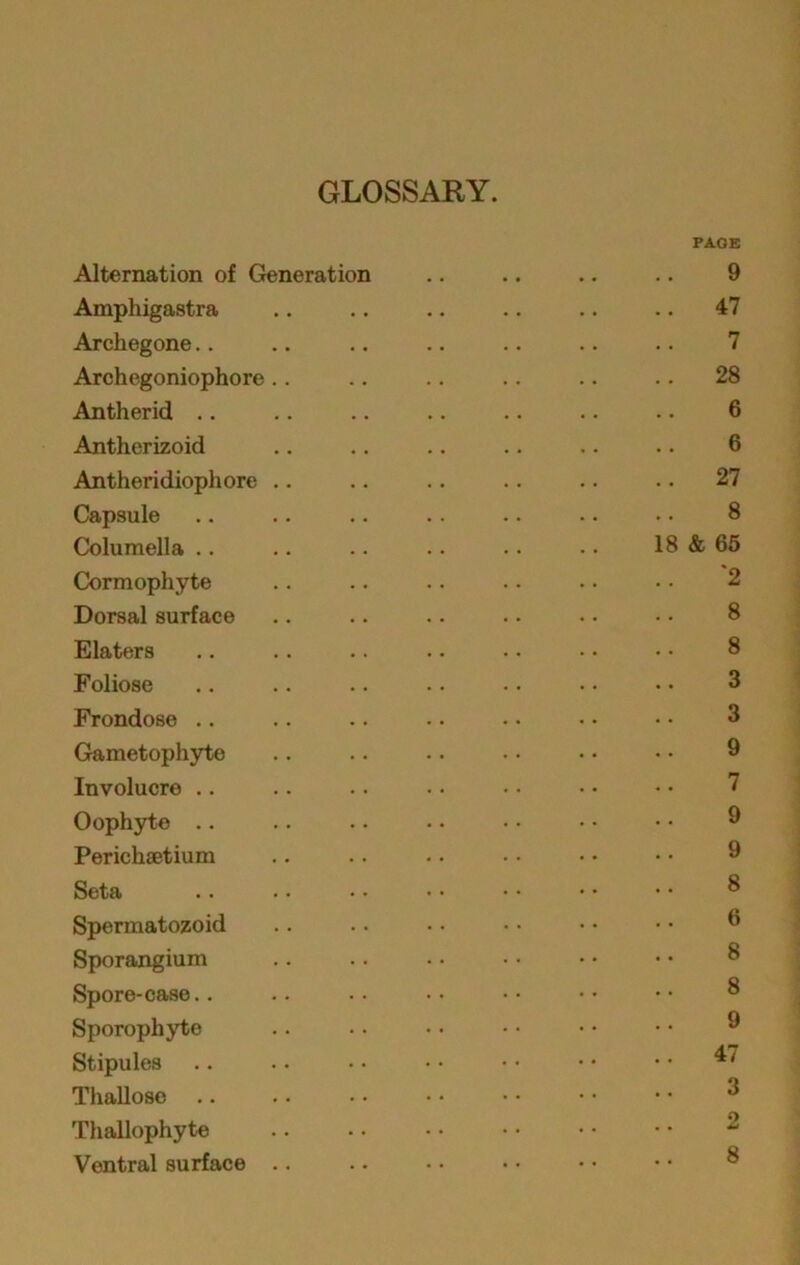 GLOSSARY. PAGE Alternation of Generation .. .. .. .. 9 Amphigastra .. .. .. .. .. .. 47 Archegone.. .. .. .. .. .. .. 7 Archegoniophore .. .. .. .. .. .. 28 Antherid .. .. .. .. .. .. .. 6 Antherizoid .. .. .. .. .. .. 6 Antheridiophore .. .. .. .. .. .. 27 Capsule .. .. .. .. .. •. • • 8 Columella .. .. .. .. .. • • 18 & 65 Cormophyte .. .. .. .. • • • • 2 Dorsal surface .. .. .. .. . • • • 8 Elaters .. .. .. .. ■. • • • • 8 Foliose .. .. .. • • • • • • • • 3 Frondose .. .. .. • • • • •• • • 3 Gametophyte .. .. .. • • • • • • ® Involucro .. .. .. .. • < • • • • 7 Oophyte .. .. . • • • • • • • • • ® Perichaetium .. .. • • • • • • • • ® Seta .. .. • • • • • • •• • • 8 Spermatozoid .. .. • • • • • • • • ® Sporangium Spore-case.. Sporophyte Stipules .. • • • • • • • • • • • • ** Thalloso Thallophyte Ventral surface ..