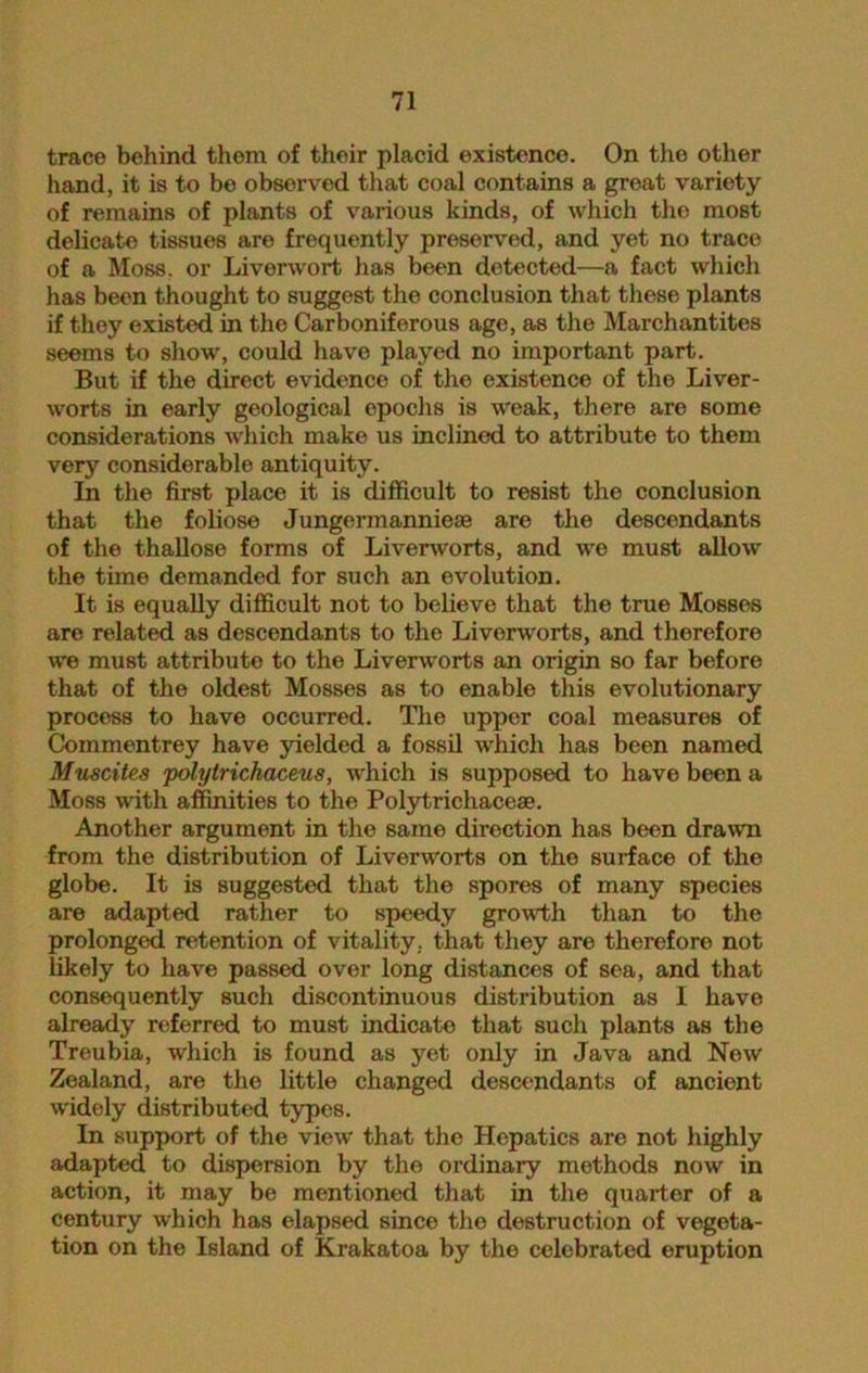 trace behind them of their placid existence. On the other hand, it is to be observed that coal contains a great variety of remains of plants of various kinds, of which the most delicate tissues are frequently preserved, and yet no trace of a Moss, or Liverwort has been dotected—a fact which has been thought to suggest the conclusion that these plants if they existed in the Carboniferous age, as the Marchantites seems to show, could have played no important part. But if the direct evidence of the existence of the Liver- worts in early geological opochs is weak, there are some considerations which make us inclined to attribute to them very considerable antiquity. In the first place it is difficult to resist the conclusion that the foliose Jungermanniese are the descendants of the thallose forms of Liverworts, and we must allow the time demanded for such an evolution. It is equally difficult not to believe that the true Mosses are related as descendants to the Liverworts, and therefore we must attribute to the Liverworts an origin so far before that of the oldest Mosses as to enable this evolutionary process to have occurred. The upper coal measures of Commentrey have yielded a fossil wrhich has been named Musettes polytrichaceus, which is supposed to have been a Moss with affinities to the Polytrichaceae. Another argument in the same direction has been drawn from the distribution of Liverworts on the surface of the globe. It is suggested that the spores of many species are adapted rather to speedy growth than to the prolonged retention of vitality, that they are therefore not likely to have passed over long distances of sea, and that consequently such discontinuous distribution as I have already referred to must indicate that such plants as the Treubia, which is found as yet only in Java and New Zealand, are the little changed descendants of ancient widely distributed types. In support of the view that the Hepatics are not highly adapted to dispersion by the ordinary methods now in action, it may be mentioned that in the quarter of a century which has elapsed since the destruction of vegeta- tion on the Island of Krakatoa by the celebrated eruption