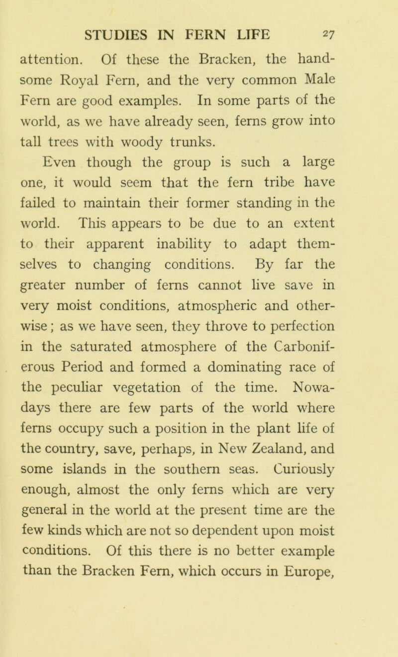 attention. Of these the Bracken, the hand- some Royal Fern, and the very common Male Fern are good examples. In some parts of the world, as we have already seen, ferns grow into tall trees with woody trunks. Even though the group is such a large one, it would seem that the fern tribe have failed to maintain their former standing in the world. This appears to be due to an extent to their apparent inability to adapt them- selves to changing conditions. By far the greater number of ferns cannot live save in very moist conditions, atmospheric and other- wise ; as we have seen, they throve to perfection in the saturated atmosphere of the Carbonif- erous Period and formed a dominating race of the peculiar vegetation of the time. Nowa- days there are few parts of the world where ferns occupy such a position in the plant life of the country, save, perhaps, in New Zealand, and some islands in the southern seas. Curiously enough, almost the only ferns which are very general in the world at the present time are the few kinds which are not so dependent upon moist conditions. Of this there is no better example than the Bracken Fern, which occurs in Europe,