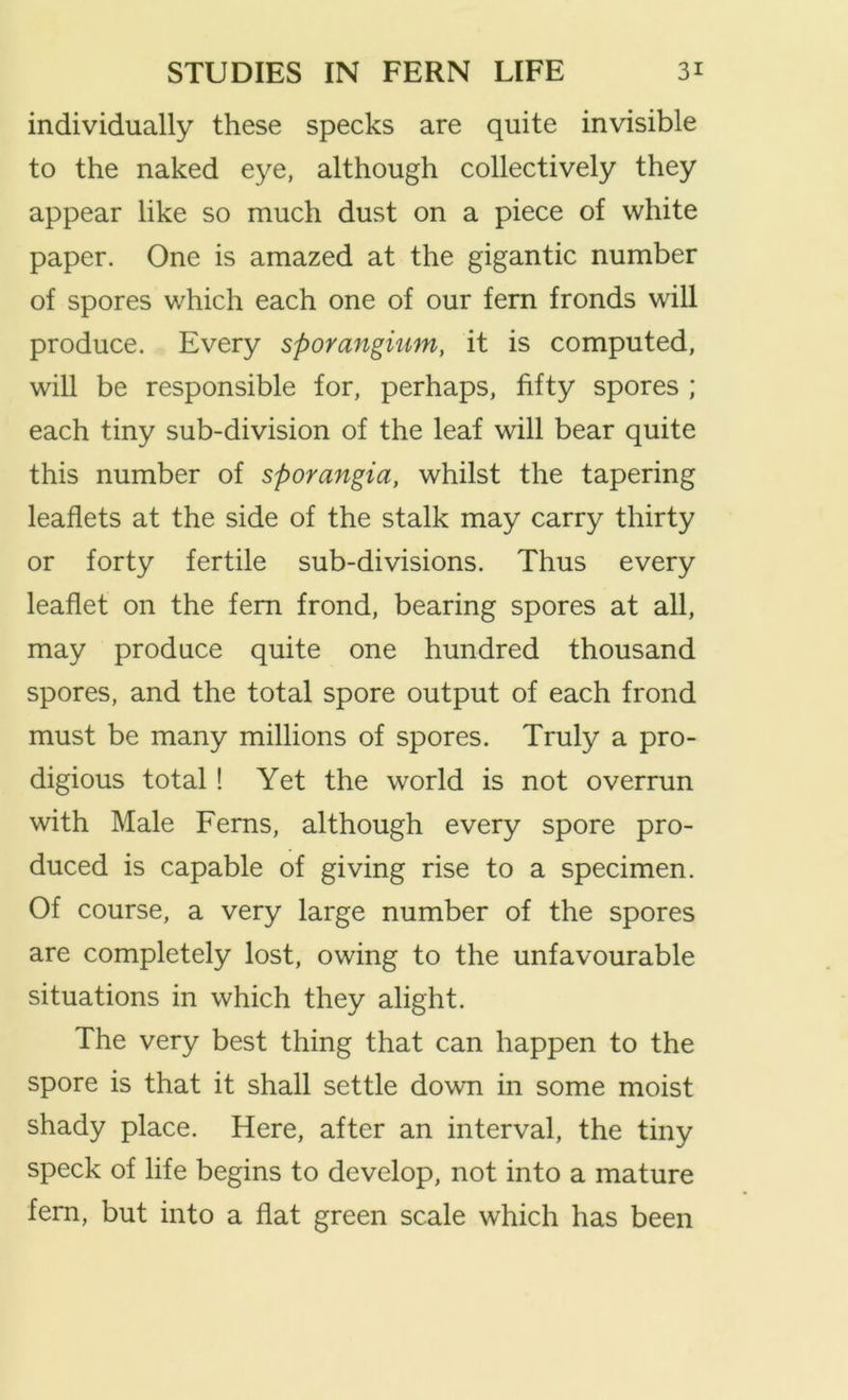 individually these specks are quite invisible to the naked eye, although collectively they appear like so much dust on a piece of white paper. One is amazed at the gigantic number of spores which each one of our fern fronds will produce. Every sporangium, it is computed, will be responsible for, perhaps, fifty spores ; each tiny sub-division of the leaf will bear quite this number of sporangia, whilst the tapering leaflets at the side of the stalk may carry thirty or forty fertile sub-divisions. Thus every leaflet on the fern frond, bearing spores at all, may produce quite one hundred thousand spores, and the total spore output of each frond must be many millions of spores. Truly a pro- digious total! Yet the world is not overrun with Male Ferns, although every spore pro- duced is capable of giving rise to a specimen. Of course, a very large number of the spores are completely lost, owing to the unfavourable situations in which they alight. The very best thing that can happen to the spore is that it shall settle down in some moist shady place. Here, after an interval, the tiny speck of life begins to develop, not into a mature fern, but into a flat green scale which has been
