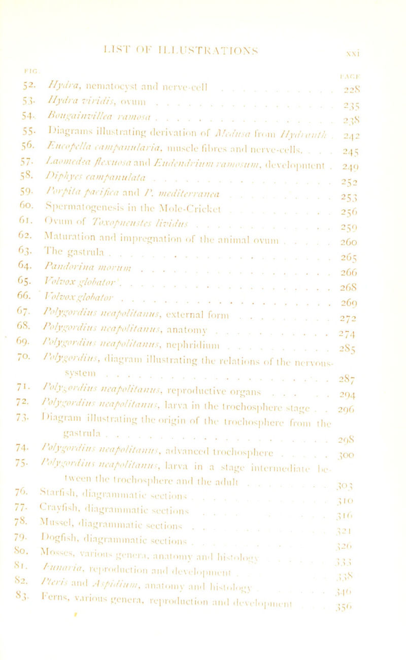 \\l Fin i .\r;j 52. Hydra, nematocyst and ncm'-cell -,2g 53- Hydra viridis, ovum 54- Bougainvillea ramosa 55- Diagrams illustrating derivation of Medina from Hydranth 56. F.ucopcHa eampauu/aria, muscle fibres and nerve-cells. 57. Laomedia /lex u os a and Eudendrium rainosui/i, development 58. Diphye.r eampanulata 59- Porpita paeifiea and /’. mediU 'rrauea ... bo. Spermatogenesis in the Mole-Cricket 61. Ovum of Toxopncnstes lividu s 62. Matination and impregnation of the animal ovum 24S 2 245 240 252 25a 25b 259 260 63- 64. 65. 66. 67. 68. 69. 70. The gaslrula Bandariua morion Volvox global or I'olvox globa/or Polygordius neapolitanus, external form Polygordius neapo/itanus, anatom v Polygordius neapolitanus, nephridium Polygordius, diagram illustrating the relations of the . . 265 ... 266 . . . . 26S . . . . 269 272 ... 274 2S5 nervous- 7i- 72. 73- 74- 75- 76. 77- 78. 79- 80. 81. 82. 83. system /olygordius neapolitanus, reproductive organs Polygordius neapolitanus, larva in the trochosphere stage Diagram illustrating the origin of the trochosphere from gas (ml a Polygordius neapolitanus, advanced trochosphere Polygordius neapolitanus, larva in a stage intermediate tween the trochosphere and the adult Starfish, diagrammatic sections Crayfish, diagrammatic sections Mussel, diagrammatic sections . Dogfish, diagrammatic sections Mosses, various genera, anatomy and histology luuaria, reproduction and development Pteris and Aspidium, anatomy and histology herns, various genera, reproduction and development . . 287 • ■ 294 . 296 the . 298 • 300 he- 303 310 316 321 326 358 84<' 356