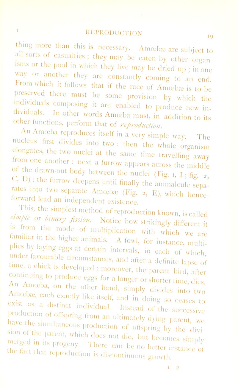 I reproduction 19 thing more than this is necessary. Amrebre are subject to a soils of casualties; they may be eaten by other organ- isms or the pool in which they live may be dried up ; in one N\a\ or another they are constantly coming to an end. brom which it follows that if the race of Amoeba; is to be preserved there must be some provision by which the individuals composing it are enabled to produce new in- dividuals. In other words Amoeba must, in addition to its othei functions, perform that of reproduction. An Amoeba reproduces itself in a very simple way. The nucleus first divides into two : then the whole organism elongates, the two nuclei at the same time travelling away h-om one another : next a furrow appears across the middle of the drawn-out body between the nuclei (Fig. j, I • fig 2 C’ D).: thc furrow deePens until finally the anfmaicul’e sepa- ■ ates into two separate Anuebte (Fig. 2, E), which hence- forward lead an independent existence. 'j!'5’ tht: Si’plcst mctl’od of reproduction known, is culled ■f ” UUlr> Notice how strikingly different it , T ‘,c mode Of 'multiplication with which we arc lilies bv h ii h'gl’er animals- . A f0'vl' for instance, multi- ■ > u\ mg eggs at certain intervals, in each of which rnde, fuvot,ruble e,rc,,,ns,ntrees, and after a definite lapse of . a Cluck ,s developed : moreover, the parent bird after contmmng to produce eggs fora longer or shone, tune, dies, _ Amecba on the other hand, simply divides into two e,i t “Cr A y 're itSdf' and doing so ceases to pis as a distinct individual. Instead of the successive P eduction of offspring from an ultimately dying parent, we nave le simultaneous production of offspring by the ilivi -OHhe parent, which does not die, but J I the fun j, 'r '‘'“‘jT 1 !lerc Can be n“ better instance of 1 t,ul ^production is discontinumis growth.