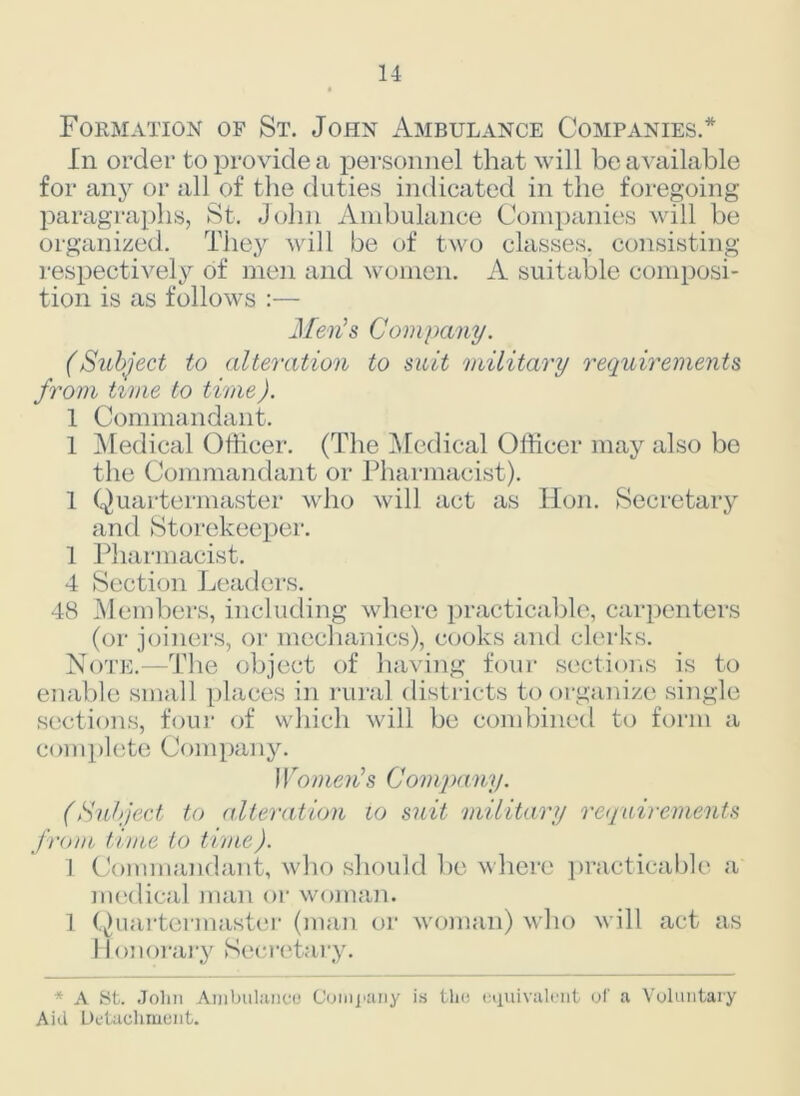 Formation of St. John Ambulance Companies.* In order to provide a personnel that will be available for any or all of the duties indicated in the foregoing paragraphs, St. John Ambulance Companies will be organized. They will be of two classes, consisting respectively of men and women. A suitable composi- tion is as follows :— Men's Company. (Subject to alteration to suit military requirements from time to time). 1 Commandant. 1 Medical Officer. (The Medical Officer may also be the Commandant or Pharmacist). 1 Quartermaster who will act as Hon. Secretary and Storekeeper. 1 Pharmacist. 4 Section Leaders. 48 Members, including where practicable, carpenters (or joiners, or mechanics), cooks and clerks. Note.—The object of having four sections is to enable small places in rural districts to organize single sections, four of which will be combined to form a complete Company. 11romen's Company. (Subject to alteration to suit military requirements from time to time). 1 Commandant, who should be where practicable a medical man or woman. 1 Quartermaster (man or woman) who will act as Honorary Secretary. * A St. John Ambulance Company is the equivalent of a Voluntary Aid Detachment.