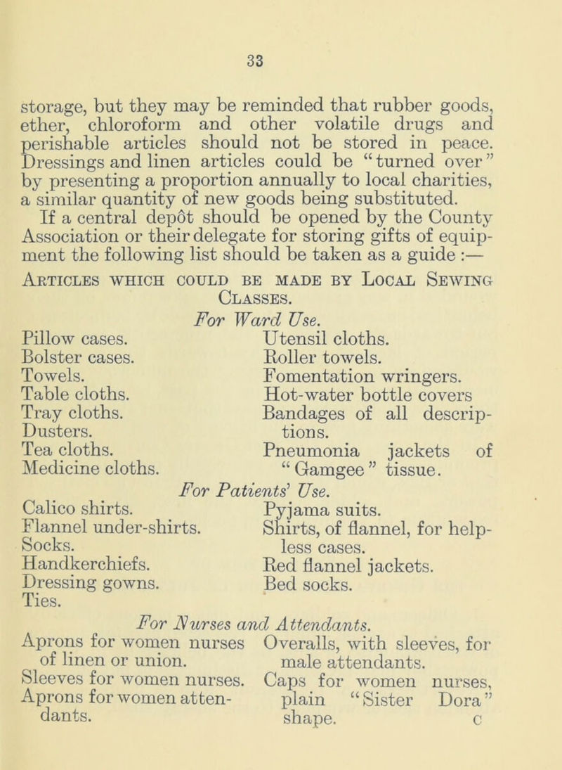 storage, but they may be reminded that rubber goods, ether, chloroform and other volatile drugs and perishable articles should not be stored in peace. Dressings and linen articles could be “ turned over ” by presenting a proportion annually to local charities, a similar quantity of new goods being substituted. If a central depot should be opened by the County Association or their delegate for storing gifts of equip- ment the following list should be taken as a guide :— Articles which could be made by Local Sewing Classes. Pillow cases. Bolster cases. Towels. Table cloths. Tray cloths. Dusters. Tea cloths. Medicine cloths. For Ward Use. Utensil cloths. Roller towels. Fomentation wringers. Hot-water bottle covers Bandages of all descrip- tions. Pneumonia jackets of “Gamgee” tissue. For Patients'1 Use. Calico shirts. Pyjama suits. Flannel under-shirts. Shirts, of flannel, for help- Socks. _ less cases. Handkerchiefs. Red flannel jackets. Dressing gowns. Bed socks. Ties. For Nurses and Attendants. Aprons for women nurses Overalls, with sleeves, for of linen or union. male attendants. Sleeves for women nurses. Caps for women nurses, Aprons for women atten- plain “ Sister Dora ” dants. shape. c