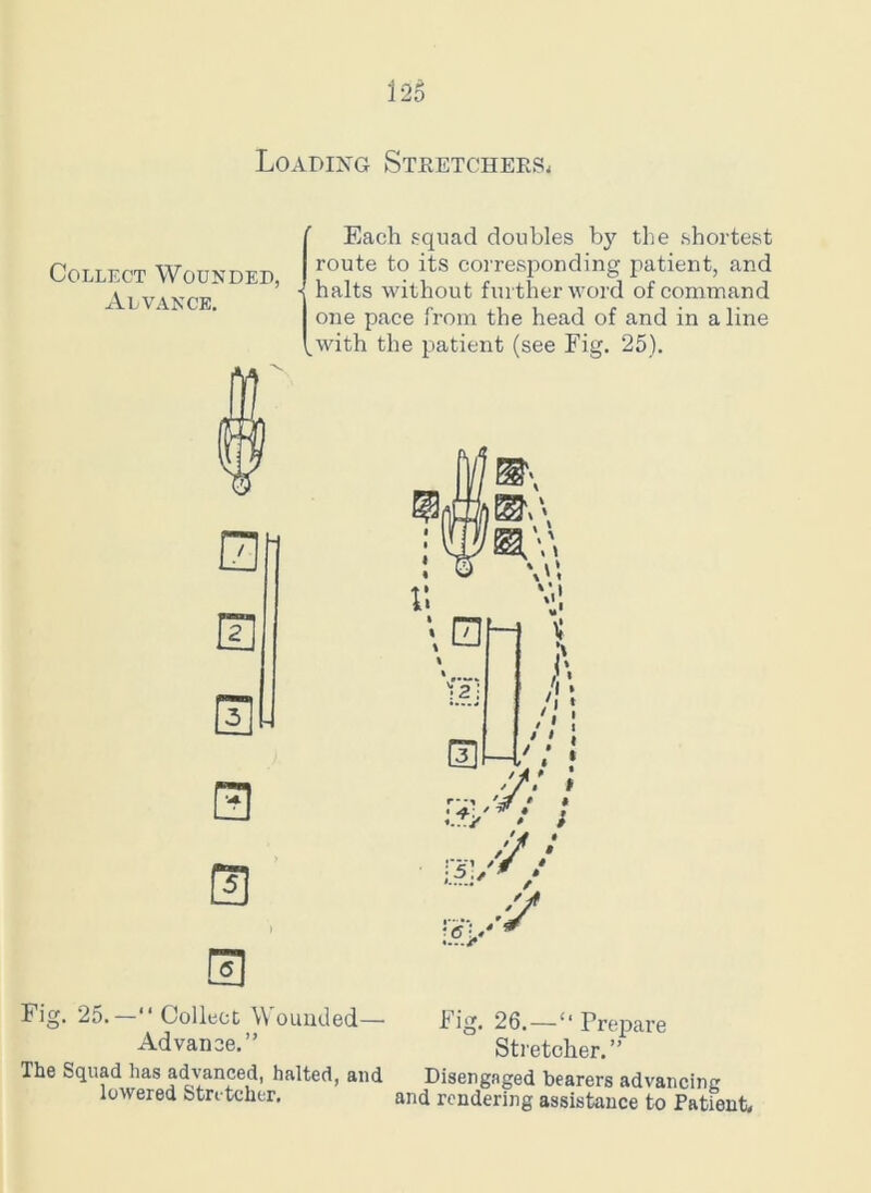 Loading Stretchers, Each squad doubles by the shortest route to its corresponding patient, and halts without further word of command one pace from the head of and in aline with the patient (see Fig. 25). 0 Collect Wounded, Alvance. Fig. 25.—“ Collect Wounded— Fig. 26.—“ Prepare Advance. ” Stretcher.” The Squad has advanced, halted, and Disengaged bearers advancing lowered Stretcher, and rendering assistance to Patient,