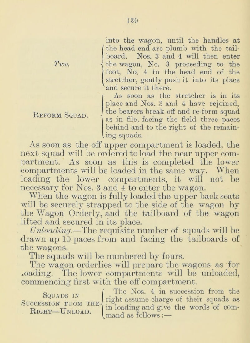 into the wagon, until the handles at | the head end are plumb with the tail- I board. Nos. 3 and 4 will then enter ■; the wagon, No. 3 proceeding to the foot, No. 4 to the head end of the stretcher, gently push it into its place and secure it there. As soon as the stretcher is in its place and Nos. 3 and 4 have rejoined, the bearers break off and re-form squad as in file, facing the field three paces behind and to the right of the remain- . ing squads. As soon as the off upper compartment is loaded, the next squad will be orclered to load the near upper com- partment. As soon as this is completed the lower compartments will be loaded in the same way. When loading the lower compartments, it will not be necessary for Nos. 3 and 4 to enter the wagon. When the wagon is fully loaded the upper backseats will be securely strapped to the side of the wagon by the Wagon Orderly, and the tailboard of the wagon lifted and secured in its place. Unloading.—The requisite number of squads will be drawn up 10 paces from and facing the tailboards of the wagons. The squads will be numbered by fours. The wagon orderlies will prepare the wagons as for mading. The lower compartments will be unloaded, commencing first with the off compartment. Two. Reform Squad. Squads in i Succession fkom the- Right—Unload. The Nos. 4 in succession from the right assume charge of their squads as in loading and give the words of com- mand as follows:—
