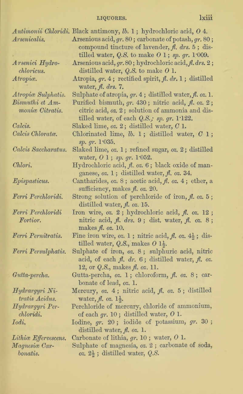 Antimonii Chloridi. Arsenicalis. > Arsenici Ilydro- chloricus. Atropiee. Atropiee Sulphatis. Bismuthi et Am- monia Citratis. Calcis. Colds Chlorates. Colds Saccharatus. Chlori. Epispasticus. Ferri Perchloridi. Ferri Perchloridi Fortior. Ferri Pernitratis. Ferri Persulphatis. Gutta-percha. Hydrargyri Ni- tratis Acidus. Hydrargyri Per- chloridi. Iodi. Lithice Effervescens. Magnesia} Car- honatis. Black antimony, lb. 1 ; hydrochloric acid, 0 4. Arsenious acid, gr. 80; carbonate of potash, gr. 80 ; compound tincture of lavender, fl. drs. 5 ; dis- tilled water, Q.S. to make 0 1; sp. gr. l-009. Arsenious acid, gr. 80; hydrochloric acid, Jl. drs. 2 ; distilled water, Q.S. to make 0 1. Atropia, gr. 4 ; rectified spirit, fl. dr. 1; distilled water, fl. drs. 7. Sulphate of atropia, gr. 4 ; distilled water,/, oz. 1. Purified bismuth, gr. 430 ; nitric acid, fl. oz. 2 ; citric acid, oz. 2; solution of ammonia and dis- tilled water, of each Q.S.j sp. gr. 1‘122. Slaked lime, oz. 2; distilled water, C 1. Chlorinated lime, lb. 1; distilled water, C 1 ; sp. gr. T035. Slaked lime, oz. 1; refined sugar, oz. 2; distilled water, 0 1; sp. gr. l-052. Hydrochloric acid, fl. oz. 6 ; black oxide of man- ganese, oz. 1 ; distilled water, fl. oz. 34. Cantharides, oz. 8 ; acetic acid,/, oz. 4 ; ether, a sufficiency, makes/, oz. 20. Strong solution of percliloride of iron, /. oz. 5 ; distilled water, fl. oz. 15. Iron wire, oz. 2 ; hydrochloric acid, /. oz. 12 ; nitric acid, /. drs. 9 ; dist. water, fl. oz. 8 ; makes fl. oz. 10. Fine iron wire, oz. 1 ; nitric acid, fl. oz. 4h ; dis- tilled water, Q.S., makes 0 Ifl Sulphate of iron, oz. 8 ; sulphuric acid, nitric acid, of each fl. dr. 6; distilled water, fl. oz. 12, or Q.S., makes fl. oz. 11. Gutta-percha, oz. 1 ; chloroform, /. oz. 8 ; car- bonate of lead, oz. 1. Mercury, oz. 4 ; nitric acid, fl. oz. 5 ; distilled water,/, oz. l£. Percliloride of mercury, chloride of ammonium, of each gr. 10 ; distilled water, 0 1. Iodine, gr. 20 ; iodide of potassium, gr. 30 ; distilled water,/. oz. 1. Carbonate of litliia, gr. 10 ; water, 0 1. Sulphate of magnesia, oz. 2 ; carbonate of soda, oz. 2h ; distilled water, Q.S.