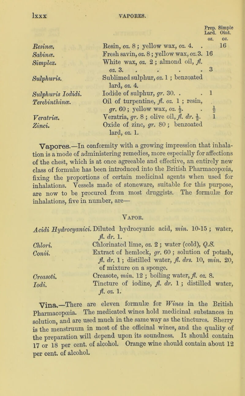 Besince. Sabince. Simplex. Sulphuris. Sulphuris Iodidi. Terebinthince. Veratrice. Zinci. Prep. Simple Lard. Oint. oz. oz. Resin, oz. 8 ; yellow wax, oz. 4. . 16 Fresh savin, oz. 8; yellow wax, oz. 3. 16 White wax, oz. 2 ; almond oil, jl. oz. 3. . . . • 3 Sublimed sulphur, oz. 1 ; benzoated lard, oz. 4. Iodide of sulphur, gr. 30. . .1 Oil of turpentine, jl. oz. 1 ; resin, gr. 60 ; yellow wax, oz. . £ Yeratria, gr. 8 ; olive oil,/. dr. \. 1 Oxide of zinc, gr. 80 ; benzoated lard, oz. 1. Vapores.—In conformity with a growing impression that inhala- tion is a mode of administering remedies, more especially for affections of the chest, which is at once agreeable and effective, an entirely new class of formulae has been introduced into the British Pharmacopoeia, fixing the proportions of certain medicinal agents when used for inhalations. Vessels made of stoneware, suitable for this purpose, are now to be procured from most druggists. The formulae for inhalations, five in number, are— Vapor. Acidi Hydrocyanici. Diluted hydrocyanic acid, min. 10-15 ; water, jl. dr. 1. Chlorinated lime, oz. 2 ; water (cold), Q.S. Extract of hemlock, gr. 60 ; solution of potash, jl. dr. 1; distilled water, jl. drs. 10, min. 20, of mixture on a sponge. Creasote, min. 12 ; boiling water,/, oz. 8. /. oz. 1. Vina.—There are eleven formulae for Wines in the British Pharmacopoeia. The medicated wines hold medicinal substances in solution, and are used much in the same way as the tinctures. Sherry is the menstruum in most of the officinal wines, and the quality of the preparation will depend upon its soundness. It should contain 17 or 18 per cent, of alcohol. Orange wine should contain about 12 per cent, of alcohol. Chlori. Conii. Greasoti.