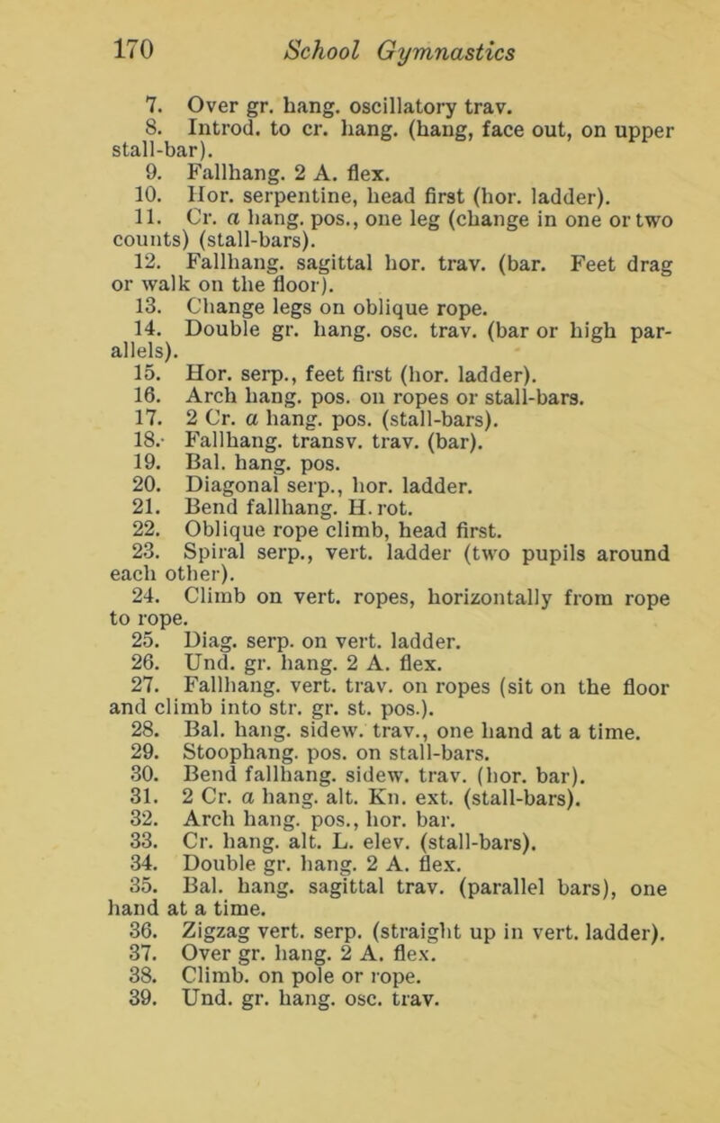 7. Over gr. hang, oscillatory trav. 8. Introd. to cr. hang, (hang, face out, on upper stall-bar). 9. Fallhang. 2 A. flex. 10. Hor. serpentine, head first (hor. ladder). 11. Cr. a hang, pos., one leg (change in one or two counts) (stall-bars). 12. Fallhang. sagittal hor. trav. (bar. Feet drag or walk on the floor). 13. Change legs on oblique rope. 14. Double gr. hang. osc. trav. (bar or high par- allels). 15. Hor. serp., feet first (hor. ladder). 16. Arch hang. pos. on ropes or stall-bars. 17. 2 Cr. a hang. pos. (stall-bars). 18. - Fallhang. transv. trav. (bar). 19. Bal. hang. pos. 20. Diagonal serp., hor. ladder. 21. Bend fallhang. H. rot. 22. Oblique rope climb, head first. 23. Spiral serp., vert, ladder (two pupils around each other). 24. Climb on vert, ropes, horizontally from rope to rope. 25. Diag. serp. on vert, ladder. 26. Und. gr. hang. 2 A. flex. 27. Fallhang. vert. trav. on ropes (sit on the floor and climb into str. gr. st. pos.). 28. Bal. hang, sidew. trav., one hand at a time. 29. Stoophang. pos. on stall-bars. 30. Bend fallhang. sidew. trav. (hor. bar). 31. 2 Cr. a hang. alt. Kn. ext. (stall-bars). 32. Arch hang, pos., hor. bar. 33. Cr. hang. alt. L. elev. (stall-bars). 34. Double gr. hang. 2 A. flex. 35. Bal. hang, sagittal trav. (parallel bars), one hand at a time. 36. Zigzag vert. serp. (straight up in vert, ladder). 37. Over gr. hang. 2 A. flex. 38. Climb, on pole or rope. 39. Und. gr. hang. osc. trav.