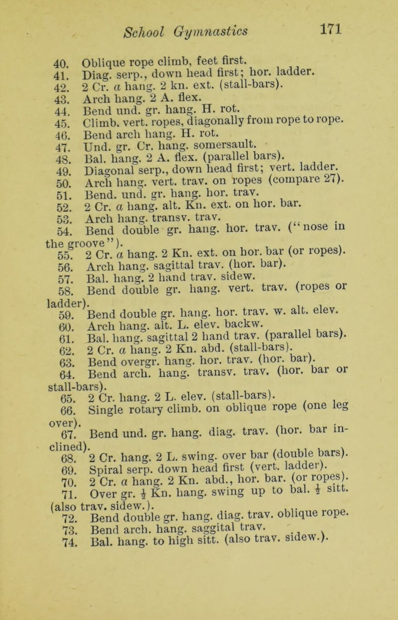 40. 41. 42. 43. 44. 45. 40. 47. 48. 49. 50. 51. 52. 53. 54. Oblique rope climb, feet first. Diag. serp., clown head first; hor. ladder. 2 Cr. a hang. 2 kn. ext. (stall-bars). Arch bang. 2 A. fiex. Bend und. gr. hang. H. rot. Climb, vert, ropes, diagonally from rope to rope. Bend arch hang. H. rot. Und. gr. Cr. hang, somersault. Bal. hang. 2 A. flex, (parallel bars). Diagonal serp., down head first; vert, ladder. Arch hang. vert. trav. on ropes (compare 27). Bend. und. ar. hang. hor. trav. 2 Cr. a hang. alt. Kn. ext. on hor. bar. Arch hang, transv. trav. Bend double gr. hang. hor. trav. ( nose in the groove”). , , / \ 5.5: 2 Cr. a hang. 2 Kn. ext. on hor. bar (or ropes). 56. Arch hang, sagittal trav. (hor. bar). 57. Bal. hang. 2 hand trav. sidew. 58. Bend double gr. hang. vert. trav. (ropes or ladder). 59. Bend double gr 60. Arch hang. alt. L. elev. backw. ,, , . ^ Bal. hang, sagittal 2 hand trav. (parallel bars). 2 Cr. a hang. 2 Kn. abd. (stall-bars). Bend overgr. hang. hor. trav. (hor. bar). Bend arch. hang, transv. trav. (hor. bar stall-bars). , „ , . 65. 2 Cr. hang. 2 L. elev. (stall-bars). 66. Single rotai’y climb, on oblique rope (one over). ,, . 67. Bend und. gr. hang. diag. trav. (hor. bar ^ 68. ^2 Cr. hang. 2 L. swing, over bar (double bars). 69. Spiral serp. down head first (vert, ladder). 70. 2 Cr. a hang. 2 Kn. abd., hor. bar. (or ropes . 71. Over gr. \ Kn. hang, swing up to bal. i sitt. (also trav. sidew.). vr,r,o 72. Bend double gr. hang. drag. trav. oblique lope. 73. Bend arch. hang, saggital trav. 74. Bal. hang, to high sitt. (also trav. sidew.). hang. hor. trav. w. alt. elev. 61. 62. 63. 64. or leg in-