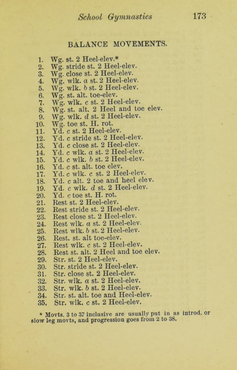 BALANCE MOVEMENTS. 1. Wg. st. 2 Heel-elev.* 2. Wg. stride st. 2 Heel-elev. 3. Wg. close st. 2 Heel-elev. 4. Wg. wlk. a st. 2 Heel-elev. 5. Wg. wlk. h st. 2 Heel-elev. 6. Wg. st. alt. toe-elev, 7. Wg. wlk. c st. 2 Heel-elev. 8. Wg. st. alt. 2 Heel and toe elev. 9. Wg. wlk. d st. 2 Heel-elev. 10. Wg. toe st. H. rot. 11. Yd. c st. 2 Heel-elev. 12. Yd. c stride st. 2 Heel-elev. 13. Yd. c close st. 2 Heel-elev. 14. Yd. c wlk. a st. 2 Heel-elev. 15. Yd. c wlk. h st. 2 Heel-elev. 16. Yd. c st. alt. toe elev. 17. Yd. c wlk. c st. 2 Heel-elev. 18. Yd. c alt. 2 toe and heel elev. 19. Yd. c wlk. d st. 2 Heel-elev. 20. Yd. c toe st. H. rot. 21. Rest st. 2 Heel-elev. 22. Rest stride st. 2 Heel-elev. 23. Rest close st. 2 Heel-elev. 24. Rest wlk. a st. 2 Heel-elev. 25. Rest wlk. b st. 2 Heel-elev. 26. Rest. st. alt toe-elev. 27. Rest wlk. c st. 2 Heel-elev. 28. Rest st. alt. 2 Heel and toe elev. 29. Str. st. 2 Heel-elev. 30. Str. stride st. 2 Heel-elev. 31. Str. close st. 2 Heel-elev. 32. Str. wlk. a st. 2 Heel-elev. 33. Str. wlk. b st. 2 Heel-elev. 34. Str. st. alt. toe and Heel-elev. 35. Str. wlk. c st. 2 Heel-elev. * Movts, 3 to 37 inclusive are usually put in as introd. or slow leg movts, and progression goes from 2 to 38.