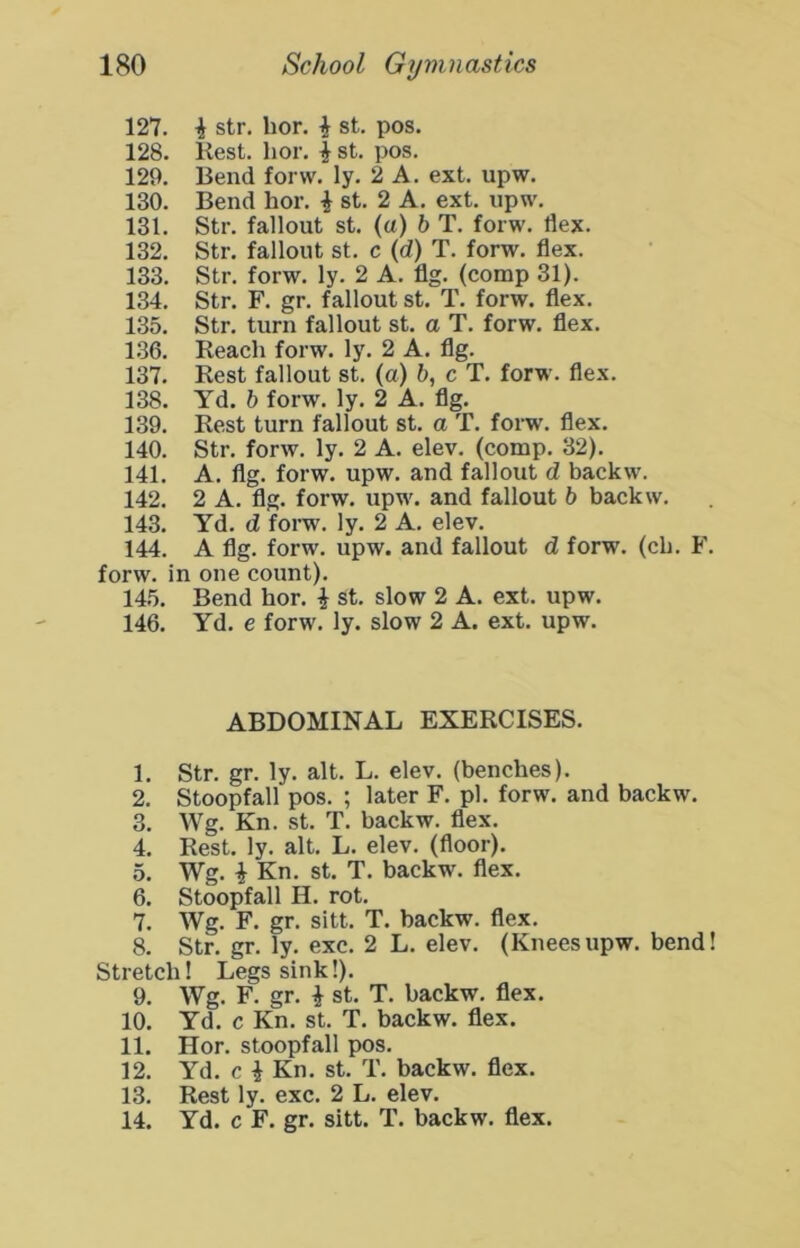 127. i str. bor. ^ st. pos. 128. Kest. lior. | st. pos. 129. Bend forw. ly. 2 A. ext. upw. 130. Bend hor. | st. 2 A. ext. upw. 131. Str. fallout st. (a) b T. forw. flex. 132. Str. fallout st. c (d) T. forw. flex. 133. Str. forw. ly. 2 A. flg. (comp 31). 134. Str. F. gr. fallout st. T. forw. flex. 135. Str. turn fallout st. a T. forw. flex. 1.36. Beach forw. ly. 2 A. flg. 137. Kest fallout st. (a) b, c T. forw. flex. 138. Yd. 6 forw. ly. 2 A. flg. 139. Kest turn fallout st. a T. forw. flex. 140. Str. forw. ly. 2 A. elev. (comp. 32). 141. A. flg. forw. upw. and fallout d backw. 142. 2 A. flg. forw. upw. and fallout b backw. 143. Yd. d forw. ly. 2 A. elev. 144. A flg. forw. upw. and fallout d forw. (cb. F forw. in one count). 145. Bend bor. | st. slow 2 A. ext. upw. 146. Yd. e forw. ly. slow 2 A. ext. upw. ABDOMINAL EXEKCISES. 1. Str. gr. ly. alt. L. elev. (benches). 2. Stoopfall pos. ; later F. pi. forw. and backw. 3. Wg. Kn. st. T. backw. flex. 4. Kest. ly. alt. L. elev. (floor). 5. Wg. i Kn. st. T. backw. flex. 6. Stoopfall H. rot. 7. Wg. F. gr. sitt. T. backw. flex. 8. Str. gr. ly. exc. 2 L. elev. (Knees upw. bend Stretch! Legs sink!). 9. Wg. F. gr. i st. T. backw. flex. 10. Yd. c Kn. st. T. backw. flex. 11. Hor. stoopfall pos. 12. Yd. c i Kn. st. T. backw. flex. 13. Kest ly. exc. 2 L. elev. 14. Yd. c F. gr. sitt. T. backw. flex.