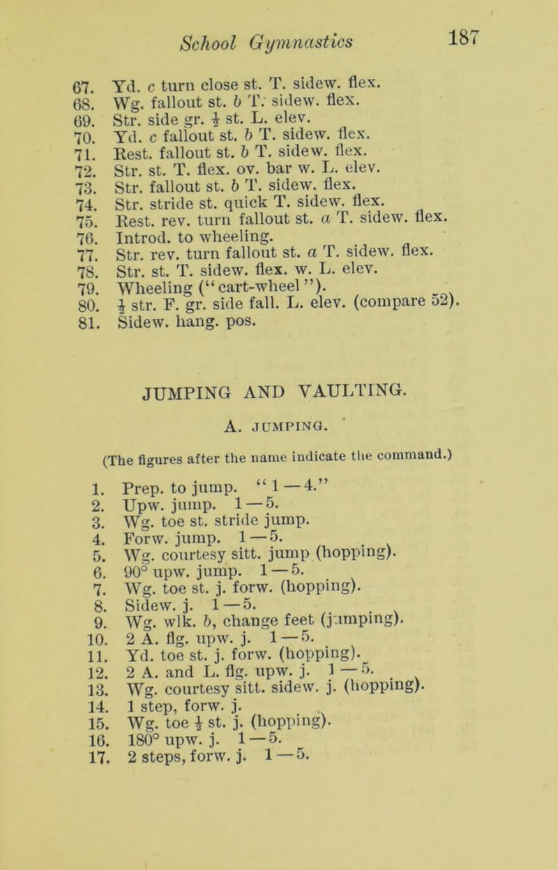 67. Yd. c turn close st. T. sidew. flex. 68. Wg. fallout St. b T; sidew. flex. 69. Str. side gr. | st. L. elev. 70. Yd. c fallout st. h T. sidew. flex. 71. Kest. fallout st. b T. sidew. flex. 72. Str. st. T. flex. ov. bar w. L. elev. 73. Str. fallout st. h T. sidew. flex. 74. Str. stride st. quick T. sidew. flex. 75. Kest. rev. turn fallout st. a T. sidew. flex. 76. Introd. to wheeling. 77. Str. rev. turn fallout st. a T. sidew. flex. 78. Str. st. T. sidew. flex. w. L. elev. 79. Wheeling (“cart-wheel ”). _ 80. \ str. F. gr. side fall. L. elev. (compare o2). 81. Sidew. hang. pos. JUMPING AND VAULTING. A. .TUMPING. (The figures after the name indicate tlie command.) 1. Prep, to jump. “ 1—4.” 2. Upw. jump. 1 — 5. 3. Wg. toe st. stride jump. 4. Forw. jump. 1 — 5. 5. Wg. courtesy sitt. jump (hopping). 6. 90° upw. jump. 1 — 5. 7. Wg. toe st. j. forw. (hopping). 8. Sidew. j. 1 — 5. _ 9. Wg. wlk. b, change feet (jumping). 10. 2 A. flg. upw. j. 1—5. 11. Yd. toe st. j. forw. (hopping). 12. 2 A. and L. flg. upw. j. 1 —5. 13. Wg. courtesy sitt. sidew. j. (hopping). 14. 1 step, forw. j. 15. Wg. toe i st. j. (hopping). 16. 180° upw. j. 1—5. 17. 2 steps, forw. j. 1 — 5.