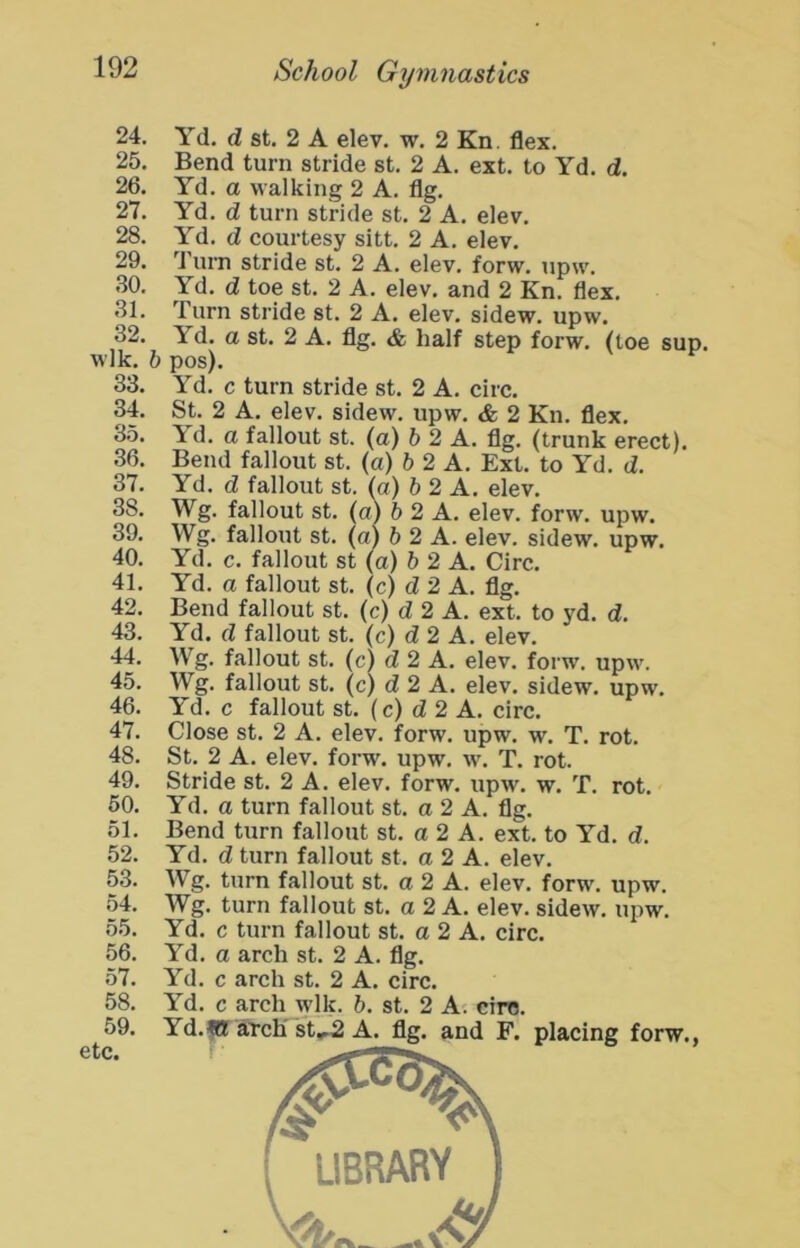 24. Yd. d St. 2 A elev. w. 2 Kn, flex. 25. Bend turn stride st. 2 A. ext. to Yd. d. 26. Yd. a walking 2 A. flg. 27. Yd. d turn stride st. 2 A. elev. 28. Yd. d courtesy sitt. 2 A. elev. 29. 4'urn stride st. 2 A. elev. forw. upw. 30. Yd. d toe st. 2 A. elev. and 2 Kn. flex. 31. Turn stride st. 2 A. elev. sidew. upw. 32. Yd. a st. 2 A. flg. & half step forw. (toe sup. wlk. b pos). 33. Yd. c turn stride st. 2 A. circ, 34. St. 2 A. elev. sidew. upw. & 2 Kn. flex. 35. l;d. a fallout st. (a) 6 2 A. flg. (trunk erect). 36. Bend fallout st. (a) b 2 A. Ext. to Yd. d. 37. Yd. d fallout st. (a) b 2 A. elev. 38. Wg. fallout st. (aj b 2 A. elev. forw. upw. 39. Wg. fallout st. (a) b 2 A. elev. sidew. upw. 40. Yd. c. fallout st (a) b 2 A. Circ. 41. Yd. a fallout st. (c) d 2 A. flg. 42. Bend fallout st. (c) d 2 A. ext. to yd. d. 43. Yd. d fallout st. (c) d 2 A. elev. 44. Wg. fallout st. (c) d 2 A. elev. forw. upw. 45. Wg. fallout st. (c) d 2 A. elev. sidew. upw. 46. Yd. c fallout st. (c) d 2 A. circ. 47. Close st. 2 A. elev. forw. upw. w. T. rot. 48. St. 2 A. elev. forw. upw. w. T. rot. 49. Stride st. 2 A. elev. forw. upw. w. T. rot. 60. Yd. a turn fallout st. a 2 A. flg. 51. Bend turn fallout st. a 2 A. ext. to Yd. d. 52. Yd. d turn fallout st. a 2 A. elev. 53. Wg. turn fallout st. a 2 A. elev. forw. upw. 54. Wg. turn fallout st. a 2 A. elev. sidew. upw. 55. Yd. c turn fallout st. a 2 A. circ. 56. Yd. a arch st. 2 A. flg. 57. Yd. c arch st. 2 A. circ. 58. Yd. c arch wlk. b. st. 2 A. ciro.