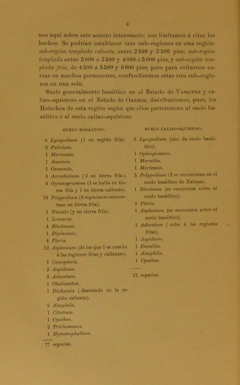 nos aquí sobro esto asunto interesante; nos limitamos á citar los hechos. Se podrían establecer tres sub-regiones en esta región: sub-régión templada caliente, entre 2 500 y 3 500 pies; sub-región templada entre 3000 ó 3 500 y 4000 ó 5000 pies, y sub-región tem- plada fría, de 4 500 á 5 500 y 6 000 pies; pero para evitarnos en- trar en muchos pormenores, confundiremos estas tres sub-regio- nes en una sola: Suelo generalmente basáltico en el Estado de Veracruz y ca- lizo-squistoso en el Estado de Oaxaca; distribuiremos, pues, los Heléchos de esta región según que ellos pertenezcan al suelo ba- sáltico ó al suelo calizo-squistoso. SUELO BASÁLTICO. 6 Lycopodium (l en región fría). 2 Psilotum. 1 Mer temía. 1 Aneimia. 1 Osmunda. 8 Acrostic/ium (2 en tierra fría). 4 Gymnogramme (1 se halla en tie- rra fría y 1 en tierra caliente). 19 Polypodium (3 especies se encuen- tran en tierra fría). 1 Tamitis (y en tierra fría). 1 Lomaría. 4 hlechnum. 1 Diplazium. 4 Pleris. 12 Asplenium (do los que 1 es común á las regiones frías y calientes). 1 Cmnopteris. 2 Aspidium. 5 Adiantum. 1 Cheilanthes. 1 Dicksonia ( desciende en la re- gión caliente). 2 Alsophila. 1 Cibotium. 1 Oyathea. 2 Prichomanes. 1 Hymenophy llum. 77 especies. SUELO CALIZO-SQUISTOSO. 3 Lycopodium (uno de suelo basál- tico). 1 Ophioglomim. 1 Marattia. 1 Mertensia. 5 Polypodium (2 se encuentran en el suelo basáltico de Xalapa). 1 Blechnum (se encuentra sobre el suelo basáltico). 3 Pteris. 1 Asplenium (se encuentra sobre el suelo basáltico). 1 Adiantum ( sube á las regiones frías). 1 Aspidium. 1 Davallia. 1 Alsophila. 1 Oyathea. 21 especies.
