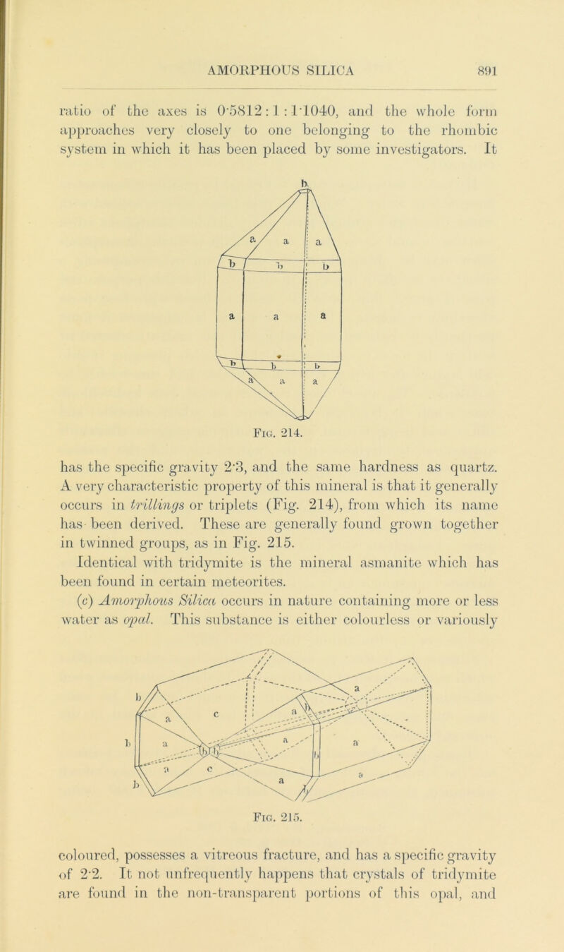 AMORPHOUS SILICA 81)1 ratio of the axes is 0 5812:1:1 1040, and the whole form approaches very closely to one belonging to the rhombic system in which it has been placed by some investigators. It Fig. 214. has the specific gravity 2'3, and the same hardness as quartz. A very characteristic property of this mineral is that it generally occurs in trillings or triplets (Fig. 214), from which its name has been derived. These are generally found grown together in twinned groups, as in Fig. 215. Identical with tridymite is the mineral asmanite which has been found in certain meteorites. (c) Amorphous Silica occurs in nature containing more or less water as opal. This substance is either colourless or variously coloured, possesses a vitreous fracture, and has a specific gravity of 22. It not unfrequently happens that crystals of tridymite are found in the non-transparent portions of this opal, and