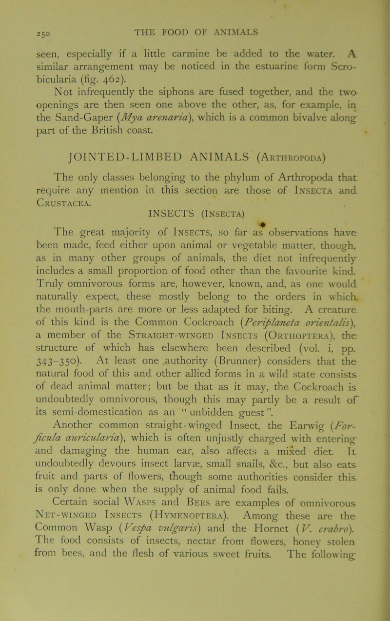 25° seen, especially if a little carmine be added to the water. A similar arrangement may be noticed in the estuarine form Scro- bicularia (fig. 462). Not infrequently the siphons are fused together, and the two openings are then seen one above the other, as, for example, in the Sand-Gaper (Mya arenaria), which is a common bivalve along part of the British coast. JOINTED-LIMBED ANIMALS (Arthropoda) The only classes belonging to the phylum of Arthropoda that require any mention in this section are those of Insecta and Crustacea. INSECTS (Insecta) The great majority of Insects, so far as observations have been made, feed either upon animal or vegetable matter, though, as in many other groups of animals, the diet not infrequently includes a small proportion of food other than the favourite kind. Truly omnivorous forms are, however, known, and, as one would naturally expect, these mostly belong to the orders in which, the mouth-parts are more or less adapted for biting. A creature of this kind is the Common Cockroach (Periplaneta orientalis), a member of the Straight-winged Insects (Orthoptera), the structure of which has elsewhere been described (vol. i, pp. 343-35°)- At least one .authority (Brunner) considers that the natural food of this and other allied forms in a wild state consists of dead animal matter; but be that as it may, the Cockroach is undoubtedly omnivorous, though this may partly be a result of its semi-domestication as an “ unbidden guest”. Another common straight-winged Insect, the Earwig (For- Jicula auricularia:), which is often unjustly charged with entering and damaging the human ear, also affects a mixed diet. It undoubtedly devours insect larvae, small snails, &c., but also eats fruit and parts of flowers, though some authorities consider this is only done when the supply of animal food fails. Certain social Wasps and Bees are examples of omnivorous Net-winged Insects (Hymenoptera). Among these are the Common Wasp (Vespa vulgaris) and the Hornet (V. crabro). The food consists of insects, nectar from flowers, honey stolen from bees, and the flesh of various sweet fruits. The following- i>