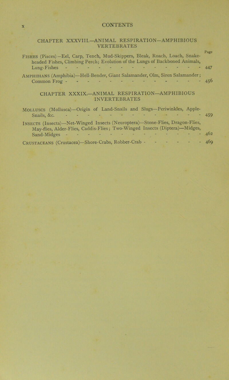 CHAPTER XXXVIII.—ANIMAL RESPIRATION—AMPHIBIOUS VERTEBRATES Page Fishes (Pisces)—Eel, Carp, Tench, Mud-Skippers, Bleak, Roach, Loach, Snake- headed Fishes, Climbing Perch; Evolution of the Lungs of Backboned Animals, Lung-Fishes 447 Amphibians (Amphibia)—Hell-Bender, Giant Salamander, Olm, Siren Salamander; Common Frog 45^ CHAPTER XXXIX.—ANIMAL RESPIRATION—AMPHIBIOUS INVERTEBRATES Molluscs (Mollusca)— Origin of Land-Snails and Slugs—Periwinkles, Apple- Snails, &c. 459 Insects (Insecta)—Net-Winged Insects (Neuroptera)—Stone-Flies, Dragon-Flies, May-flies, Alder-Flies, Caddis-Flies; Two-Winged Insects (Diptera)—Midges, Sand-Midges 4&2 Crustaceans (Crustacea)—Shore-Crabs, Robber-Crab 469