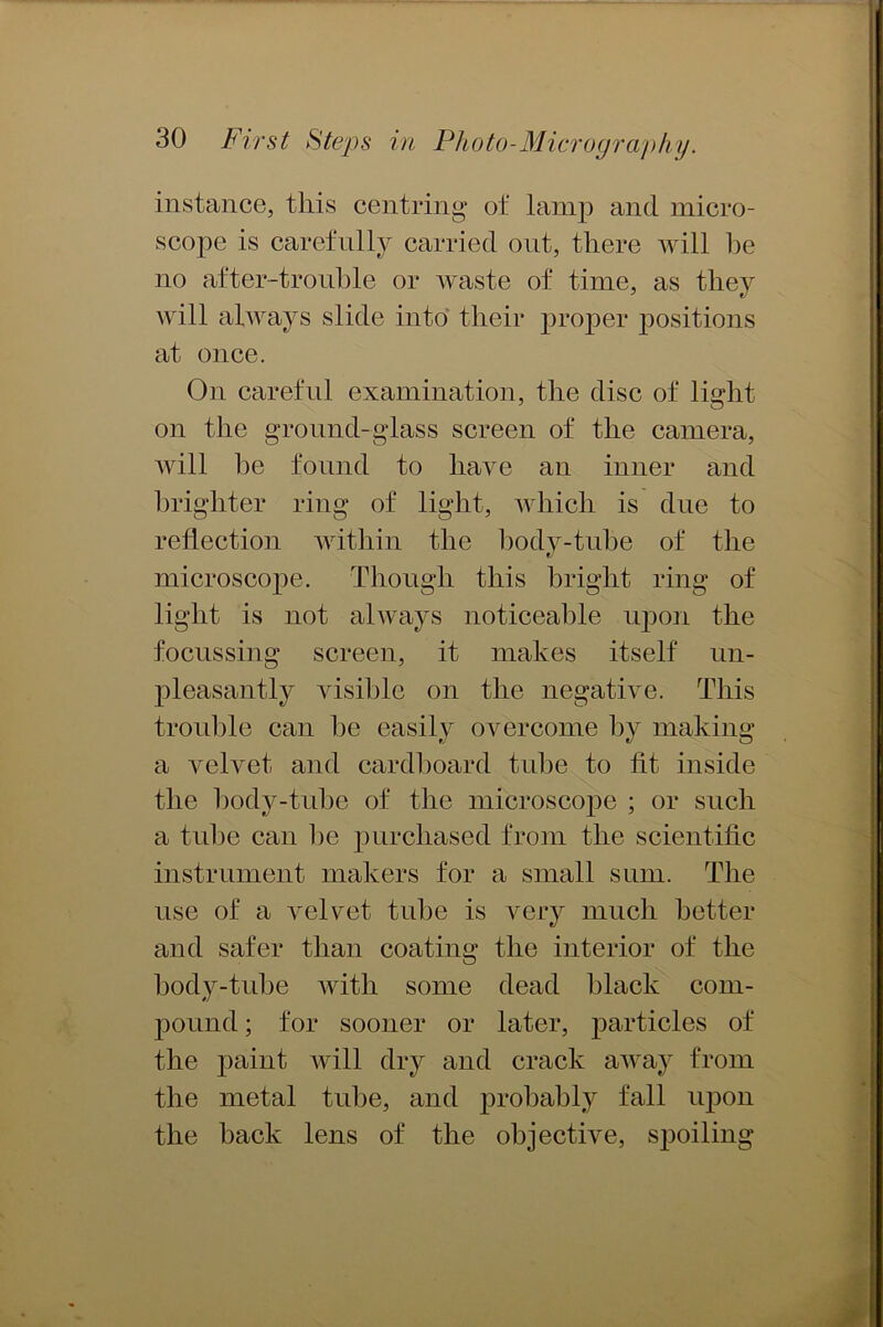 instance, this centring of lamp and micro- scope is carefully carried out, there will he no after-trouble or waste of time, as they will always slide into their proper positions at once. On careful examination, the disc of light on the ground-glass screen of the camera, will be found to have an inner and brighter ring of light, which is due to reflection within the body-tube of the microscope. Though this bright ring of light is not always noticeable upon the focussing screen, it makes itself un- pleasantly visible on the negative. This trouble can be easily overcome by making a velvet and cardboard tube to lit inside the body-tube of the microscope ; or such a tube can be purchased from the scientific instrument makers for a small sum. The use of a velvet tube is very much better and safer than coating the interior of the body-tube with some dead black com- pound ; for sooner or later, particles of the paint will dry and crack away from the metal tube, and probably fall upon the back lens of the objective, spoiling