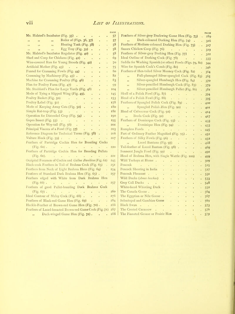 PAGE Mr. Halsted’s Incubator (Fig. 35) ..... „ „ ,, Boiler of (Figs. 36, 37) ,, ,, ,, Heating Tank (Fig. 38) ,, .. .. Egg Tray (Fig. 39) . Mr. Halsted’s Incubator Regulator (Fig. 40) . Shed and Coop for Chickens (Fig. 41) . Wire-covered Run for Young Broods (Fig. 42) Artificial Mother (Fig. 43) ...... Funnel for Cramming Fowls (Fig. 44) .... Cramming by Machinery (Fig. 45) ..... Machine for Cramming Poultry (Fig. 46) Plan for Poultry Farm (Fig. 47) ..... Mr. Stoddard’s Plan for Large Yards (Fig. 48) Mode of Tying a Slipped Wing (Fig. 49), Poultry Basket (Fig. 50) Poultry Label (Fig. 51) Mode of Keeping Away Cats (Fig. 52) .... Simple Rat-trap (Fig. 53) Operation for Distended Crop (Fig. 54) .... Gapes Insect (Fig. 55) Operation for Wry-tail (Fig. 56) ..... Principal Viscera of a Fowl (Fig. 57) .... Reference Diagram for Technical Terms (Fig. 58) . Vulture Hock (Fig. 59) ....... Feathers of Partridge Cochin Hen for Breeding Cocks (Fig. 60) Feathers of Partridge Cochin Hen for Breeding Pullets (Fig. 61) Occipital Foramen of Cochin and Callus Bankiva (Fig. 62) Black-cock Feathers in Tail of Brahma Cock (Fig. 63) Feathers from Neck of Light Brahma Hens (Fig. 64) Feathers of Standard Dark Brahma Hen (Fig. 65) . Feathers edged with White from Dark Brahma Hen (Fig. 66) Feathers of good Pullet-breeding Daffk Brahma Cock (Fig. 67) Ideal Contour of Malay Cock (Fig. 68) .... Feathers of Black-red Game Hen (Fig. 69) Hackle-Feather of Brown-red Game Hen (Fig. 70) . Feathers of Laced-breasted Brown-red Game Cock (Fig. 71) ,, Duck-winged Game Hen (Fig. 72) . 57 57 58 58 58 69 70 75 So 82 83 99 104 145 153 178 180 181 190 195 201 203 206 207 220 221 245 251 254 257 257 260 276 284 2S6 287 288 Feathers of Silver-^rey Duckwing Game Hen (Fig. 73) ,, Dark-coloured Dorking Hen (Fig. 74) Feathers of Medium-coloured Dorking Hen (Fig. 75) Sussex Chicken Coop (Fig. 76) . . . . . Feathers of Silver-grey Dorking Hen (Fig. 77) Ideal Outline of Dorking Cock (Fig. 78) Saddle for Washing Spanish (or other) Fowls (Figs. 79, 80) Wire for Spanish Cock’s Comb (Fig. 81) Feathers of Hen-tailed Silver Mooney Cock (Fig. 82) ,, Full-plumaged Silver-spangled Cock (Fig. 83) „ Silver-spangled Hamburgh Hen (Fig. 84) ,, Silver-pencilled Hamburgh Cock (Fig. 85) ,, Silver-pencilled Hamburgh Pullet (Fig. 86) Skull of a Polish Fowl (Fig. 87) ..... Head of a Polish Fowl (Fig. 88) ..... Feathers of Spangled Polish Cock (Fig. 89) ,, Spangled Polish Hen (Fig. 90) Head of Crevecoeur Cock (Fig. 91) ,, Breda Cock (Fig. 92) ..... Feathers of Dominique Cock (Fig. 93) .... ,, Dominique Hen (Fig. 94) .... Rumpless Fowls ........ Part of Ordinary Feather Magnified (Fig. 95) . Feathers of Silky Fowls (Fig. 96) ..... ,, Laced Bantams (Fig. 97) .... Tail-feather of Laced Bantam (Fig. 98) .... Sonnerat Jungle Fowl (Fig. 99) Head of Brahma Hen, with Single Wattle (Fig. 100) Wild Turkeys at Home ....... Peacock ......... Peacock Shooting in India ...... Peacock Pheasant Wild Ducks {Anas boschas) . . . . ' . Grey Call Ducks ........ White-faced Whistling Duck ...... The Canada Goose ........ The Egyptian or Nile Goose ...... Sebastopol and Gambian Geese ..... Black Swan ......... The Crested Curassow ....... The Pinnated Grouse or Prairie Hen .... 289 316 317 319 322 333 344 346 364 365 370 379 381 394 395 400 401 414 417 433 433 445 451 452 468 469 491 499 509 525 527 531 533 548 552 564 567 569 573 576 579