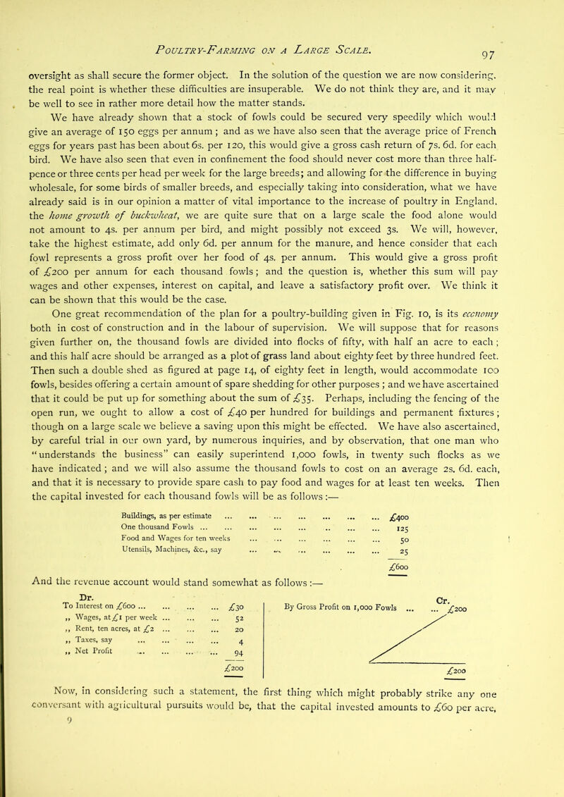 97 oversight as shall secure the former object. In the solution of the question we are now considering, the real point is whether these difficulties are insuperable. We do not think they are, and it may- be well to see in rather more detail how the matter stands. We have already shown that a stock of fowls could be secured very speedily which would give an average of 150 eggs per annum; and as we have also seen that the average price of French eggs for years past has been about 6s. per 120, this would give a gross cash return of 7s. 6d. for each bird. We have also seen that even in confinement the food should never cost more than three half- pence or three cents per head per week for the large breeds; and allowing for the difference in buying wholesale, for some birds of smaller breeds, and especially taking into consideration, what we have already said is in our opinion a matter of vital importance to the increase of poultry in England, the home growth of buckwheat, we are quite sure that on a large scale the food alone would not amount to 4s. per annum per bird, and might possibly not exceed 3s. We will, however, take the highest estimate, add only 6d. per annum for the manure, and hence consider that each fowl represents a gross profit over her food of 4s. per annum. This would give a gross profit of £200 per annum for each thousand fowls; and the question is, whether this sum will pay wages and other expenses, interest on capital, and leave a satisfactory profit over. We think it can be shown that this would be the case. One great recommendation of the plan for a poultry-building given in Fig. ro, is its ecciiomy both in cost of construction and in the labour of supervision. We will suppose that for reasons given further on, the thousand fowls are divided into flocks of fifty, with half an acre to each ; and this half acre should be arranged as a plot of grass land about eighty feet by three hundred feet. Then such a double shed as figured at page 14, of eighty feet in length, would accommodate 100 fowls, besides offering a certain amount of spare shedding for other purposes ; and we have ascertained that it could be put up for something about the sum of £sS- Perhaps, including the fencing of the open run, we ought to allow a cost of £40 per hundred for buildings and permanent fixtures ; though on a large scale we believe a saving upon this might be effected. We have also ascertained, by careful trial in our own yard, by numerous inquiries, and by observation, that one man who “understands the business” can easily superintend 1,000 fowls, in twenty such flocks as we have indicated ; and we will also assume the thousand fowls to cost on an average 2s. 6d. each, and that it is necessary to provide spare cash to pay food and wages for at least ten weeks. Then the capital invested for each thousand fowls will be as follows;— Buildings, as per estimate One thousand Fowls ... Food and Wages for ten weeks Utensils, Machines, &c., say ;^400 125 50 25 £600 And the revenue account would stand somewhat as follows;— By Gross Profit on 1,000 Fowls Dr. To Interest on £600 ... ,, Wages, at;,f'i per week ,, Rent, ten acres, at £2 „ Taxes, say ,, Net Profit £30 52 20 4 94 £200 Cr. ;^200 Now, in considering such a statement, the first thing which might probably strike any one conversant with agricultural pursuits would be, that the capital invested amounts to £60 per acre, 9