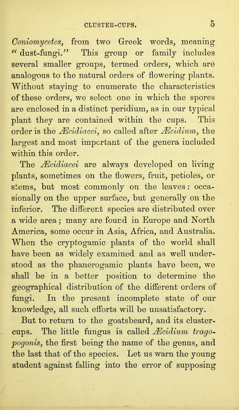 Coniomycetes, from two Greek words, meaning “ dust-fungi.'” This group or family includes several smaller groups, termed orders, which are analogous to the natural orders of flowering plants. Without staying to enumerate the characteristics of these orders, we select one in which the spores are enclosed in a distinct peridium, as in our typical plant they are contained within the cups. This order is the JEcidiacei, so called after JEciclium, the largest and most important of the genera included within this order. The JEcidiacei are always developed on living plants, sometimes on the flowers, fruit, petioles, or stems, but most commonly on the leaves: occa- sionally on the upper surface, but generally on the inferior. The different species are distributed over a wide area; many are found in Europe and North America, some occur in Asia, Africa, and Australia. When the cryptogamic plants of the world shall have been as widely examined and as well under- stood as the phanerogamic plants have been, we shall be in a better position to determine the geographical distribution of the different orders of fungi. In the present incomplete state of our knowledge, all such efforts will be unsatisfactory. But to return to the goatsbeard, and its cluster- cups. The little fungus is called JEcidium trago- pogonis, the first being the name of the genus, and the last that of the species. Let us warn the young student against falling into the error of supposing