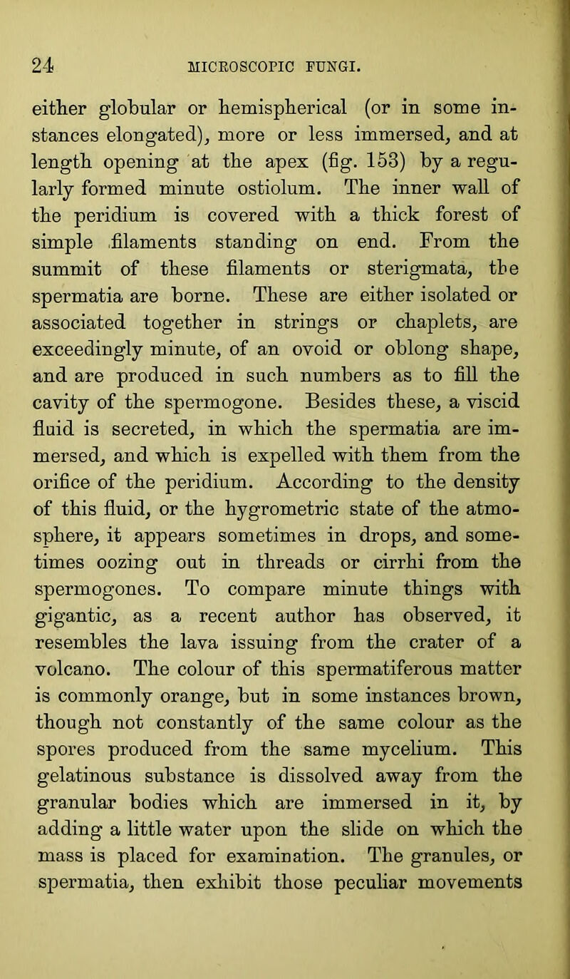 either globular or hemispherical (or in some in- stances elongated), more or less immersed, and at length opening at the apex (fig. 153) by a regu- larly formed minute ostiolum. The inner wall of the peridium is covered with a thick forest of simple .filaments standing on end. From the summit of these filaments or sterigmata, tbe spermatia are borne. These are either isolated or associated together in strings or chaplets, are exceedingly minute, of an ovoid or oblong shape, and are produced in such numbers as to fill the cavity of the spermogone. Besides these, a viscid fluid is secreted, in which the spermatia are im- mersed, and which is expelled with them from the orifice of the peridium. According to the density of this fluid, or the hygrometric state of the atmo- sphere, it appears sometimes in drops, and some- times oozing out in threads or cirrhi from the spermogones. To compare minute things with gigantic, as a recent author has observed, it resembles the lava issuing from the crater of a volcano. The colour of this spermatiferous matter is commonly orange, but in some instances brown, though not constantly of the same colour as the spores produced from the same mycelium. This gelatinous substance is dissolved away from the granular bodies which are immersed in it, by adding a little water upon the slide on which the mass is placed for examination. The granules, or spermatia, then exhibit those peculiar movements