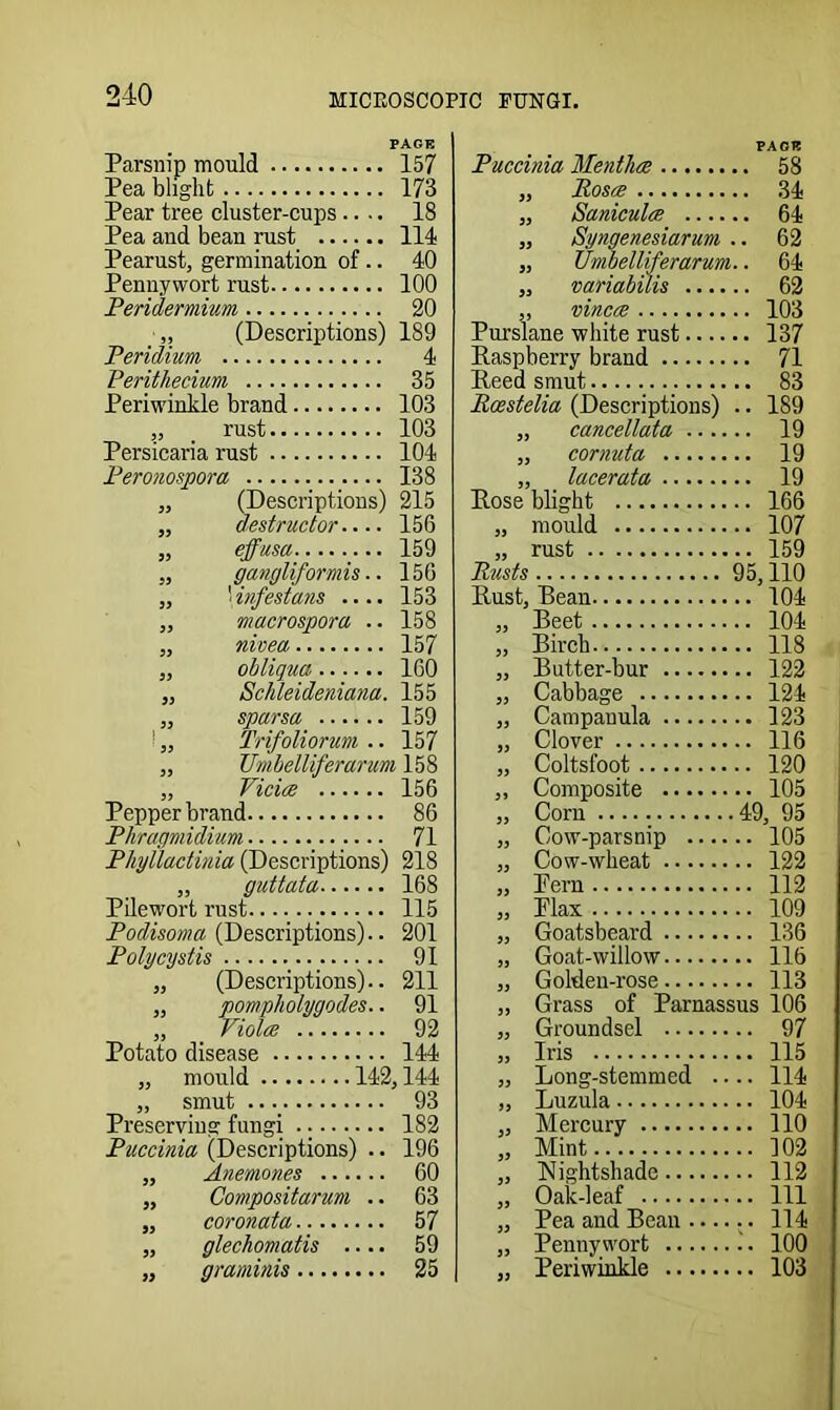 PAGE Parsnip mould 157 Pea blight 173 Pear tree cluster-cups.... 18 Pea and bean rust 114 Pearust, germination of.. 40 Pennywort rust 100 Peridermium 20 ,, (Descriptions) 189 Peridium 4 Perithecium 35 Periwinkle brand 103 ,, _ rust 103 Persicaria rust 104 Peronospora 138 „ (Descriptions) 215 ,, destructor 156 „ effusa ... 159 „ gangliformis.. 156 „ \infestans .... 153 „ macrospora .. 158 „ nivea 157 „ obliqua 160 „ Schleideniana. 155 „ sparsa 159 13, Trifoliorum .. 157 3, TJmbelliferarum 158 „ Vida 156 Pepper brand 86 Phragmidium 71 Phyllactinia (Descriptions) 218 „ guttata 168 Pilewort rust 115 Podisoma (Descriptions).. 201 Polycystis 91 „ (Descriptions).. 211 „ pomplwlygodes.. 91 „ Viola 92 Potato disease 144 „ mould 142,144 „ smut 93 Preserving fungi .. 182 Puccinia (Descriptions) .. 196 „ Anemones 60 „ Compositarum .. 63 „ coronata 57 „ glechomatis .... 59 „ graminis 25 PAOB Puccinia Mentha .. 58 „ Posa .. 34 „ Sanicula .... .. 64 „ Syngenesiarum .. 62 „ TJmbelliferarum.. 64 „ variabilis .. 62 „ vinca .. 103 Purslane white rust .. 137 Raspberry brand .. 71 Reed smut .. 83 Koestelia (Descriptions) .. 189 „ cancellata .... .. 19 „ cornuta .. 19 „ lacerata .. 19 Rose blight .. 166 „ mould .. 107 „ rust ... 159 Rusts 95,110 Rust, Rean .. 104 „ Beet .. 104 „ Birch .. 118 „ Butter-bur .. 122 „ Cabbage .. 124 „ Campanula .. 123 „ Clover .. 116 „ Coltsfoot .. 120 „ Composite .. 105 „ Corn .49, 95 „ Cow-parsnip .. 105 „ Cow-wheat .. 122 „ Pern .. 112 „ Plax .. 109 „ Goatsbeard ... 136 „ Goat-willow .. 116 „ Golden-rose ,.. 113 „ Grass of Parnassus 106 „ Groundsel ... 97 » Iris ... 115 „ Long-stemmed .. ... 114 „ Luzula ,.. 104 „ Mercury ... 110 „ Mint ... 102 „ Nightshade ... 112 „ Oak-leaf ... Ill „ Pea and Bean ... 114 „ Pennywort ... 100 „ Periwinkle ... 103