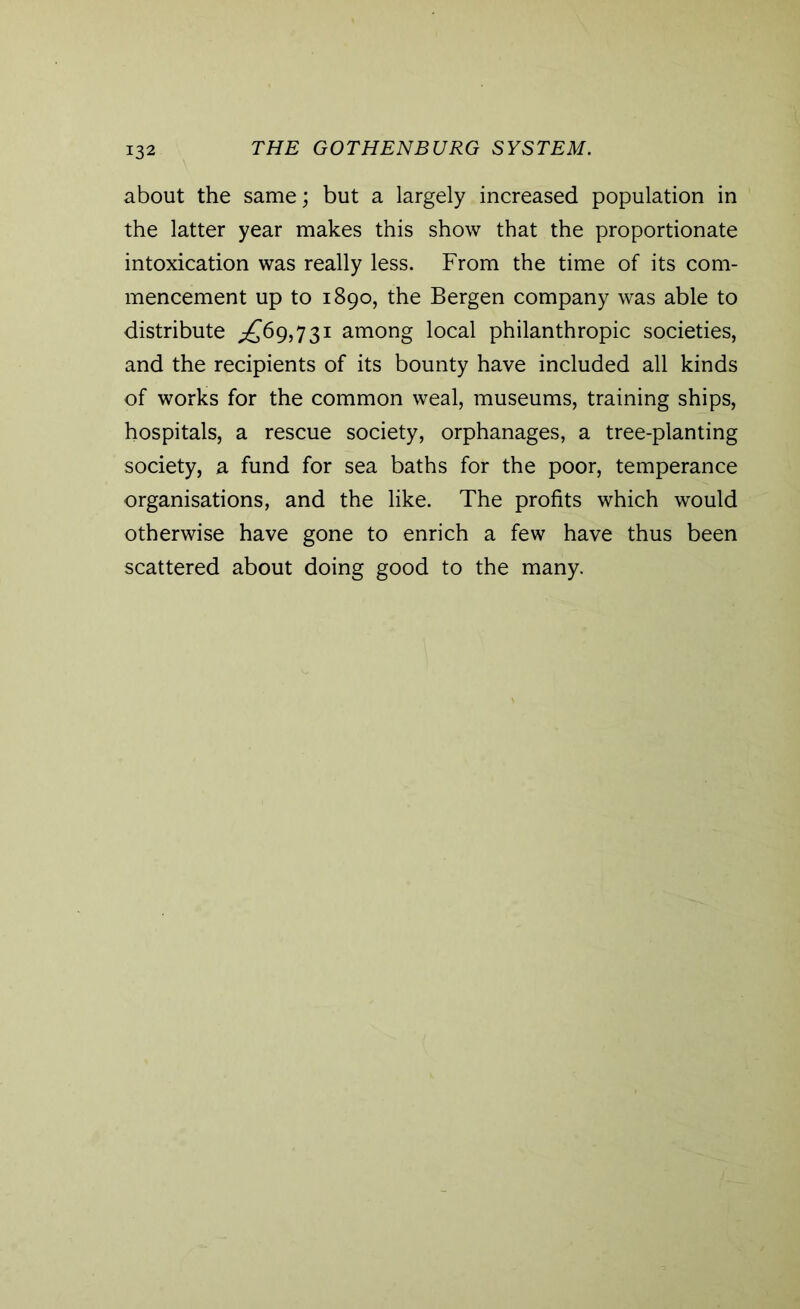 about the same; but a largely increased population in the latter year makes this show that the proportionate intoxication was really less. From the time of its com- mencement up to 1890, the Bergen company was able to distribute ^69,731 among local philanthropic societies, and the recipients of its bounty have included all kinds of works for the common weal, museums, training ships, hospitals, a rescue society, orphanages, a tree-planting society, a fund for sea baths for the poor, temperance organisations, and the like. The profits which would otherwise have gone to enrich a few have thus been scattered about doing good to the many.