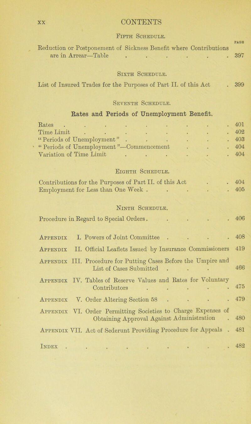 Fifth Schedule. PAGE Reduction or Postponement of Sickness Benefit where Contributions are in Arrear—Table ...... 397 Sixth Schedule. List of Insured Trades for the Purposes of Part II. of this Act . 399 Seventh Schedule. Rates and Periods of Unemployment Benefit. Rates ......... 401 Time Limit ........ 402 “ Periods of Unemployment ” . . . . . . 403 “ Periods of Unemployment ”—Commencement . . . 404 Variation of Time Limit ...... 404 Eighth Schedule. Contributions for the Purposes of Part II. of this Act . . 404 Employment for Less than One Week ..... 405 Ninth Schedule. Procedure in Regard to Special Orders..... 406 Appendix I. Powers of Joint Committee .... 408 Appendix II. Official Leaflets Issued by Insurance Commissioners 419 Appendix III. Procedure for Putting Cases Before the Umpire and List of Cases Submitted . . . 466 Appendix IV. Tables of Reserve Values and Rates for Voluntary Contributors . . . • .475 Appendix V. Order Altering Section 58 . . . 479 Appendix VI. Order Permitting Societies to Charge Expenses of Obtaining Approval Against Administration . 480 Appendix VII. Act of Sederunt Providing Procedure for Appeals . 481 Index . 482