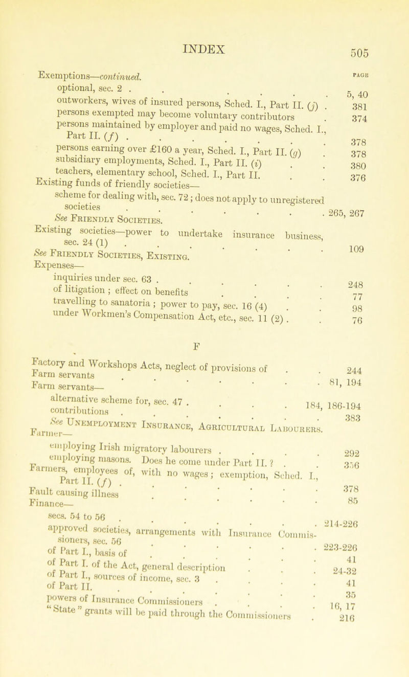 Exemptions—continued. optional, see. 2 . outworkers, wives of insured persons, Sched. I., Part II (j) persons exempted may become voluntary contributors ’ persons maintained by employer and paid no wages, Sched. I., Part II. (/) . persons earning over £160 a year, Sched. I., Part II. (a) subsidiary employments, Sched. I., Part II. (i) teachers, elementary school, Sched. I., Part II. Existing funds of friendly societies— scheme for dealing with, sec. 72; does not apply to unregistered societies See Friendly Societies. Existing societies power to undertake insurance business sec. 24 (1) . ’ See Friendly Societies, Existing. Expenses— inquiries under sec. 63 . of litigation ; effect on benefits travelling to sanatoria ; power to pay, sec. 16 (4) under Workmen’s Compensation Act, etc., sec. 11 (2) . PAGE 5, 40 381 374 378 378 380 376 265, 267 109 248 77 98 76 184, Factory and Workshops Acts, neglect of provisions of harm servants Farm servants— alternative scheme for, sec. 47 . contributions Farnwr—*NK>,PL0YMENT Insdrance> Agricultural Labourers employing Irish migratory labourers employing masons. Does he come under Part 11 ? Farmers,^emp’oyees of, with no wages; exemption, Sched. I„' Fault causing illness Finance—  secs. 54 to 56 . approved societies, arrangements with Insurance Commis- sioners, sec. 56 of I’art I., basis of °r r>art ** fc^e '^cfc’ 8eneral description o Part I., sources of income, sec. 3 of Part II. powers of Insurance Commissioners “ State ” grants will be paid through the Commissioners 244 81, 194 186-194 383 292 356 378 85 214-226 223-226 41 24-32 41 35 16, 17 216