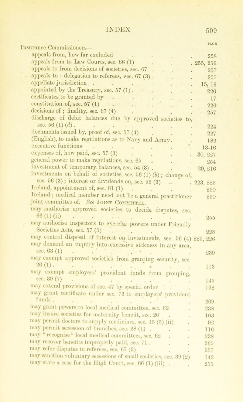 Insurance Commissioners— appeals from, lio\v far excluded . appeals from to Law Courts, sec. 66 (1) appeals to from decisions of societies, sec. 67 . appeals to : delegation to referees, sec. 67 (3) . appellate jurisdiction. ...... appointed by the Treasury, sec. 57 (1). certificates to be granted by constitution of, sec. 57 (1) . . . decisions of ; finality, sec. 67 (4) discharge of debit balances due by approved societies to, sec. 56 (1) (d) . documents issued by, proof of, sec. 57 (4) (English), to make regulations as to Navy and Army. executive functions .... expenses of, how paid, sec. 57 (3) general power to make regulations, sec. 65 investment of temporary balances, sec. 54 (3) . investments on behalf of societies, sec. 56 (1) (b); change of, sec. 56 (3); interest or dividends on, sec. 56 (3) Ireland, appointment of, sec. 81 (1) Ireland ; medical member need not be a general practitioner joint committee of. See Joint Committee. may .authorise approved societies to decide disputes, sec. 66(l)(ii) . . ... may authorise inspectors to exercise powers under Friendly Societies Acts, sec. §7 (5) may control disposal of interest on investments, sec. 56 (4) may demand an inquiry into excessive sickness in any area, sec. 63 (1) . ' . may exempt approved societies from granting security, sec. 26 (1) ' , may exempt employers’ provident funds from grouping, sec. 39 (7) . . . . may extend provisions of sec. 47 by special order may grant certificate under sec. 73 to employers’ provident funds. PAGE 258 255, 256 257 257 15, 16 226 17 226 257 224 227 182 13-16 30, 227 254 29, 216 223, 225 290 290 255 228 225, 226 239 113 145 192 269 may grant powers to local medical committee, sec. 62 . 238 may insure societies for maternity benefit, sec. 20 . . 103 may permit doctors to supply medicines, sec. 15 (5) (ii) . 92 niay permit secession of branches, sec. 28 (1) . . . ]]6 may “ recognise ” local medical committees, sec. 62 . . 238 may recover benefits improperly paid, sec. 71 . . . 265 may refer disputes to referees, sec. 67 (3) . . . 257 may sanction voluntary secessions of small societies, sec. 39 (2) 142 may state a case for the High Court, sec. 66 (1) (iii) . . 255