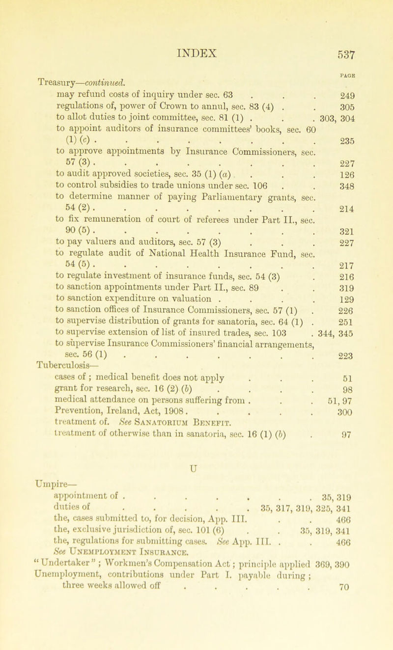 PAGE Treasury—continued. may refund costs of inquiry under sec. 63 . . 249 regulations of, power of Crown to annul, sec. 83 (4) . . 305 to allot duties to joint committee, sec. 81 (1) . . . 303, 304 to appoint auditors of insurance committees’ books, sec. 60 (1) (c) • • • • • . . . 235 to approve appointments by Insurance Commissionei’s, sec. 57 (3) 227 to audit approved societies, sec. 35 (1) (a) . . . 126 to control subsidies to trade unions under sec. 106 . . 348 to determine manner of paying Parliamentary grants, sec. 54 (2) . . . . . . . .214 to fix remuneration of court of referees under Part II., sec. 90 (5) . . . . . . . .321 to pay valuers and auditors, sec. 57 (3) 227 to regulate audit of National Health Insurance Fund, sec. 54 (5). . . . . . . .217 to regulate investment of insurance funds, sec. 54 (3) . 216 to sanction appointments under Part II., sec. 89 . . 319 to sanction expenditure on valuation . . . .129 to sanction offices of Insurance Commissioners, sec. 57 (1) . 226 to supervise distribution of grants for sanatoria, sec. 64 (1) . 251 to supervise extension of list of insured trades, sec. 103 . 344, 345 to supervise Insurance Commissioners’ financial arrangements, sec. 56 (1) . . . . . .223 Tuberculosis— cases of ; medical benefit does not apply . . . 51 grant for research, sec. 16 (2) (b) . . . . 98 medical attendance on persons suffering from . . . 51, 97 Prevention, Ireland, Act, 1908..... 300 treatment of. See Sanatorium Benefit. treatment of otherwise than in sanatoria, sec. 16 (1) (6) . 97 U Umpire— appointment of . . . . , . .35,319 duties of ..... 35, 317, 319, 325, 341 the, cases submitted to, for decision, App. III. . . 466 the, exclusive jurisdiction of, sec. 101 (6) . . 35, 319, 341 the, regulations for submitting cases. See App. HI. . . 466 See Unemployment Insurance. “ Undertaker” ; Workmen’s Compensation Act; principle applied 369, 390 Unemployment, contributions under Part I. payable during ; three weeks allowed off ..... 70
