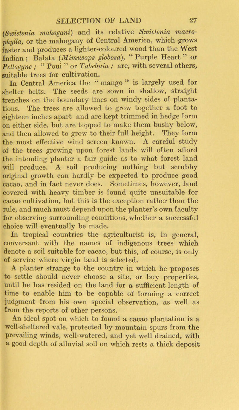 {Swietenia mahogani) and its relative Swietenia macro- phylla, or the mahogany of Central America, which grows faster and produces a lighter-coloured wood than the West Indian ; Balata (Mimusops globosa), “ Purple Heart ” or Peltogyne ; “ Poui ” or Tabebuia ; are, with several others, suitable trees for cultivation. In Central America the “ mango ” is largely used for shelter belts. The seeds are sown in shallow, straight trenches on the boundary lines on windy sides of planta- tions. The trees are allowed to grow together a foot to eighteen inches apart and are kept trimmed in hedge form on either side, but are topped to make them bushy below, and then allowed to grow to their full height. They form the most effective wind screen known. A careful study of the trees growing upon forest lands will often afford the intending planter a fair guide as to what forest land will produce. A soil producing nothing but scrubby original growth can hardly be expected to produce good cacao, and in fact never does. Sometimes, however, land covered with heavy timber is found quite unsuitable for cacao cultivation, but this is the exception rather than the rule, and much must depend upon the planter’s own faculty for observing surrounding conditions, whether a successful choice will eventually be made. In tropical countries the agriculturist is, in general, conversant with the names of indigenous trees which denote a soil suitable for cacao, but this, of course, is only of service where virgin land is selected. A planter strange to the country in which he proposes to settle should never choose a site, or buy properties, until he has resided on the land for a sufficient length of time to enable him to be capable of forming a correct judgment from his own special observation, as well as from the reports of other persons. An ideal spot on which to found a cacao plantation is a well-sheltered vale, protected by mountain spurs from the prevailing winds, well-watered, and yet well drained, with a good depth of alluvial soil on which rests a thick deposit