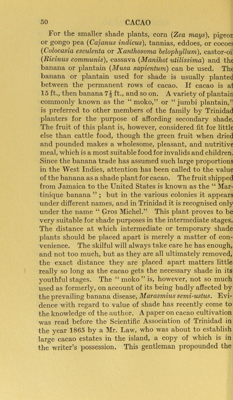 For the smaller shade plants, corn (Zea mays), pigeon or gongo pea (Cajanus indicus), tannias, eddoes, or cocoes (Colocasia esculenta or Xanthosoma belophyllum), castor-oil (Ricinus communis), cassava (Manihot utilissima) and the banana or plantain (Musa sapientum) can be used. The banana or plantain used for shade is usually planted between the permanent rows of cacao. If cacao is at 15 ft., then banana 7| ft., and so on. A variety of plantain commonly known as the “ moko,” or “ jumbi plantain,’’ is preferred to other members of the family by Trinidad planters for the purpose of affording secondary shade. The fruit of this plant is, however, considered fit for little else than cattle food, though the green fruit when dried and pounded makes a wholesome, pleasant, and nutritive meal, which is a most suitable food for invalids and children. Since the banana trade has assumed such large proportions in the West Indies, attention has been called to the value of the banana as a shade plant for cacao. The fruit shipped from Jamaica to the United States is known as the “ Mar- tinique banana ” ; but in the various colonies it appears under different names, and in Trinidad it is recognised only under the name “ Gros Michel.” This plant proves to be very suitable for shade purposes in the intermediate stages. The distance at which intermediate or temporary shade plants should be placed apart is merely a matter of con- venience. The skilful will always take care he has enough, and not too much, but as they are all ultimately removed, the exact distance they are placed apart matters little really so long as the cacao gets the necessary shade in its youthful stages. The “ moko ” is, however, not so much used as formerly, on account of its being badly affected by the prevailing banana disease, Marasmius semi-uslus. Evi- dence with regard to value of shade has recently come to the knowledge of the author. A paper on cacao cultivation was read before the Scientific Association of Trinidad in the year 1865 by a Mr. Law, who was about to establish large cacao estates in the island, a copy of which is in the writer’s possession. This gentleman propounded the