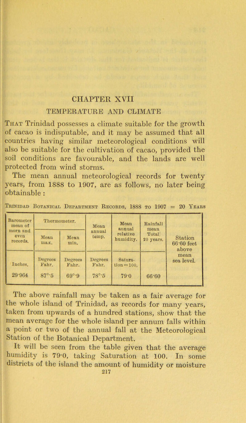 TEMPERATURE AND CLIMATE That Trinidad possesses a climate suitable for the growth of cacao is indisputable, and it may be assumed that all countries having similar meteorological conditions will also be suitable for the cultivation of cacao, provided the soil conditions are favourable, and the lands are well protected from wind storms. The mean annual meteorological records for twenty years, from 1888 to 1907, are as follows, no later being obtainable : Trinidad Botanical Department Records, 1888 to 1907 = 20 Years Barometer mean ot Thermometer. Mean Mean annual relative humidity. Kainfall morn and even records. Mean max. Mean min. annual temp. Total' 20 years. Station 66 60 feet above Inches. Degrees Fahr. Degrees Fahr. Degrees Fahr. Satura- tion =100. mean sea level. 29-964 87°'5 69°-9 78°'5 79-0 66 60 The above rainfall may be taken as a fair average for the whole island of Trinidad, as records for many years, taken from upwards of a hundred stations, show that the mean average for the whole island per annum falls within a point or two of the annual fall at the Meteorological Station of the Botanical Department. It will be seen from the table given that the average humidity is 79-0, taking Saturation at 100. In some districts of the island the amount of humidity or moisture