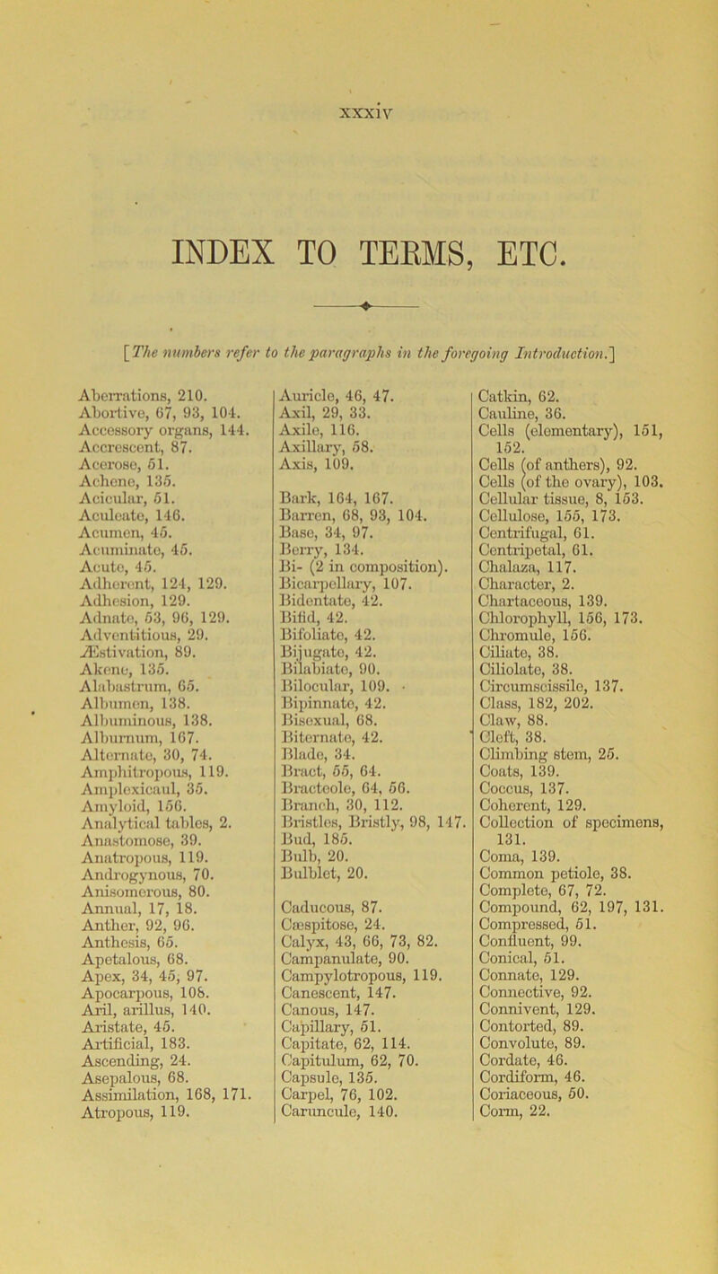 INDEX TO TEEMS, ETC. ♦ [^The numbers refer to the paragraphs in the foregoing Introcluction.~\ AEeiTations, 210. Abortive, 67, 93, 101. Accessory organs, 144. Accrescent, 87. Accrosc, 61. Achene, 135. Acicular, 61. Aculeate, 146. Acumen, 45. Acuminate, 46. Acute, 46. Adherent, 124, 129. Adhesion, 129. Adnate, 63, 96, 129. Adventitious, 29. Estivation, 89. Akene, 135. Alabastrum, 65. Albumen, 138. Albuminous, 138. Alburnum, 167. Altei-nato, 30, 74. Amphitropous, 119. Amplexicaul, 35. Ainyloid, 156. Analytic.'il tables, 2. Ana.stomose, 39. Anatropous, 119. Androgynous, 70. Anisomerous, 80. Annual, 17, 18. Anther, 92, 96. Anthesis, 65. Apetalous, 68. Apex, 34, 45, 97. Apocarpous, 108. Aiil, arillus, 140. Aristate, 45. Ai'tificial, 183. Ascending, 24. Asepalous, 68. Assimilation, 168, 171. Atropous, 119. Auricle, 46, 47. Axil, 29, 33. Axile, 116. Axillary, 68. Axis, 109. Bark, 164, 167. Bari’cn, 68, 93, 104. Base, 34, 97. Bciry, 134. Bi- (2 in composition). Bicarpcllaiy, 107. Bidonbite, 42. Bifid, 42. Bifoliate, 42. Bi.jugato, 42. Bilabiate, 90. Bilocular, 109. • Bipinnato, 42. Bisexual, 68. Biternato, 42. Blade, 34. Bract, 65, 64. Bractoole, 64, 66. Branch, 30, 112. Brtstles, Bristly, 98, 147. Bud, 185. Bulb, 20. Bulblet, 20. Caducous, 87. Casspitose, 24. Calyx, 43, 66, 73, 82. Campanulate, 90. Campy lotropous, 119. Canescent, 147. Canous, 147. Capillary, 61. Capitate, 62, 114. Capitulum, 62, 70. Capsule, 135. Carpel, 76, 102. Carimcule, 140. Catkin, 62. Cauline, 36. Cells (elementary), 161, 162. Cells (of anthers), 92. Cells (of the ovary), 103. Cellular tissue, 8, 163. Cellulose, 155, 173. Centrifugal, 61. Centripetal, 61. Chalaza, 117. Character, 2. Chartaceous, 139. Chlorophyll, 156, 173. Clu’omule, 166. Ciliato, 38. Ciliolato, 38. Circumscissile, 137. Class, 182, 202. Claw, 88. Cleft, 38. CEmbing stem, 25. Coats, 139. Coccus, 137. Coherent, 129. Collection of specimens, 131. Coma, 139. Common petiole, 38. Complete, 67, 72. Comijound, 62, 197, 131. Compressed, 51. Confluent, 99. Conical, 61. Connate, 129. Comiective, 92. Connivent, 129. Contorted, 89. Convolute, 89. Cordate, 46. Cordiform, 46. Coriaceous, 60. Corm, 22.