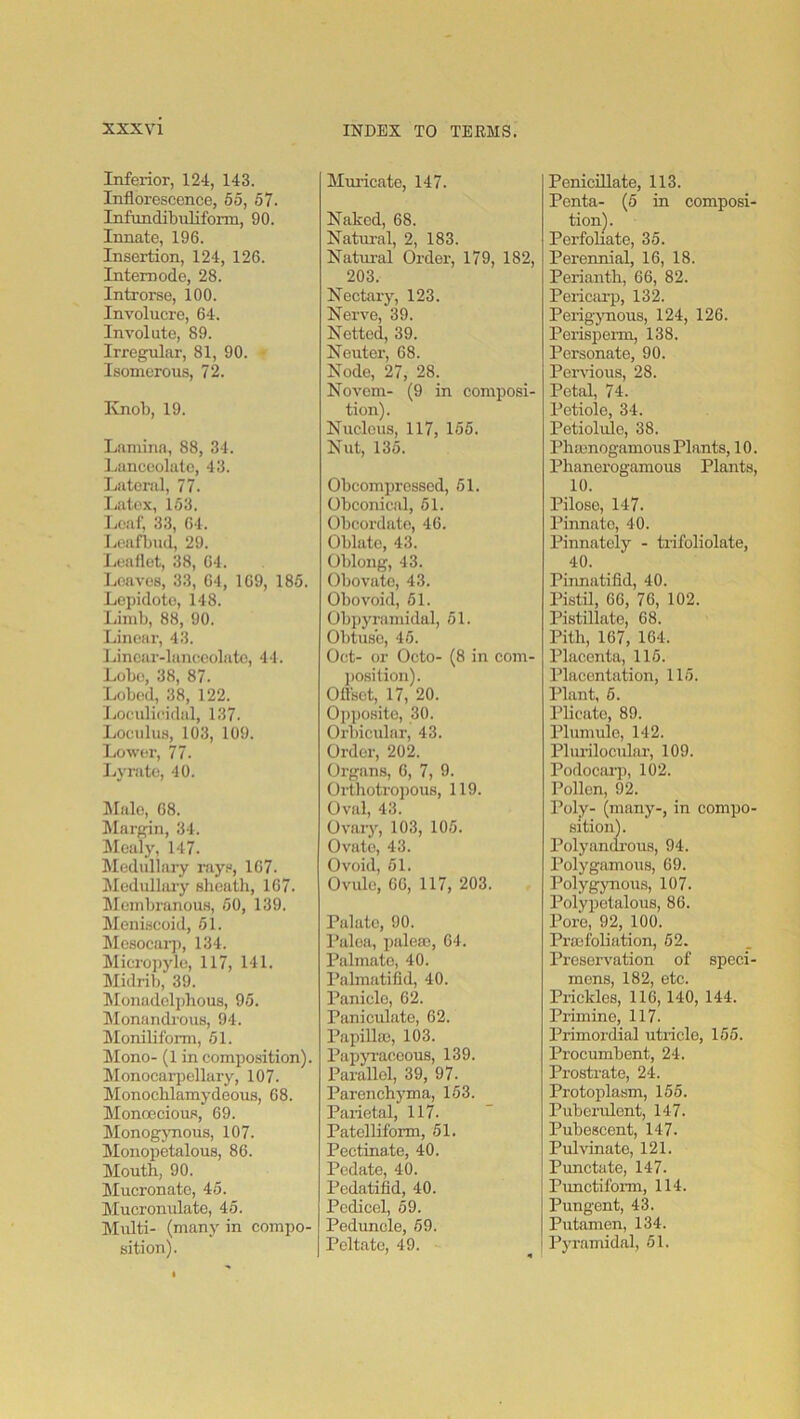 Inferior, 124, 143. Inflorescence, 55, 57. Infundibuliform, 90. Innate, 196. Insertion, 124, 126. Intemode, 28. Introrse, 100. Involucre, 64. Involute, 89. Irregular, 81, 90. Isonierous, 72. Knob, 19. Laniinn, 88, 34. Lanceolate, 43. Latcml, 77. I.atox, 153. Lo;if, 33, 64. Leafbud, 29. Leaflet, 38, 64. Loaves, 33, 64, 169, 185. Lepidoto, 148. Limb, 88, 90. Linear, 43. Linear-lanceolate, 44. Lobe, 38, 87. Lobcid, 38, 122. Loculicidal, 137. Loculus, 103, 109. Lower, 77. I^yrate, 40. Male, 08. Margin, 34. Mealy, 147. Medullary rays, 107. ^Medullary sheath, 167. IMembranous, 50, 139. Meniscoid, 51. ^Mcsocarj), 134. Micropyle, 117, 141. Midril), 39. !Monadclphous, 95. hlonandi’ous, 94. IMonilifonn, 51. hlono- (1 in composition). Iflonocarpcllary, 107. IMonochlamydeous, 08. Monoecious, 69. Monogynous, 107. IMonopetalous, 86. lilouth, 90. Mucronate, 45. Mucronulato, 45. Multi- (many in compo- sition). Muidcate, 147. Naked, 68. Natural, 2, 183. Natm’al Order, 179, 182, 203. Nectary, 123. Nerve, 39. Netted, 39. Neuter, 68. Node, 27, 28. Novem- (9 in composi- tion). Nucleus, 117, 155. Nut, 135. Obeomprossed, 51. Obconical, 51. Obcordato, 46. Oblate, 43. Oblong, 43. Obovate, 43. Obovoid, 51. Obpyramidal, 51. Obtuse, 45. Oct- or Octo- (8 in com- position). Oflsot, 17, 20. Opposite, 30. Orbicular, 43. Order, 202. Organs, 6, 7, 9. Orthotro])Ous, 119. Oval, 43. Ovary, 103, 105. Ovate, 43. Ovoid, 51. Ovule, 66, 117, 203. Palate, 90. Ihiloa, paleac, 64. Palmate, 40. Palmatifid, 40. Panicle, 62. Paniculate, 62. Papillae, 103. PapjTaceous, 139. Parallel, 39, 97. Parenchyma, 153. Parietal, 117. Patelliform, 51. Pectinate, 40. Pedate, 40. Pedatifid, 40. Pedicel, 59. Peduncle, 59. Peltate, 49. Penicillate, 113. composi- 18. Perianth, 66, 82. Pericarp, 132. PerigjTious, 124, 126. Perispenn, 138. Personate, 90. Pervious, 28. Petal, 74. Petiole, 34. Petiolule, 38. Phasnogamous Plants, 10. Phanerogamous Plants, 10. Pilose, 147. Pinnate, 40. Pinnately - trifoliolate, 40. Piimatifid, 40. Pistil, 66, 76, 102. Pistillate, 68. Pith, 167, 164. Placenta, 115. Placentation, 115. Plant, 5. Plicate, 89. Plumule, 142. Plurilocular, 109. Podocfuii, 102. Pollen, 92. Pol^- (many-, in compo- sitien). Polyandrous, 94. Polygamous, 69. Polygynous, 107. Polypetalous, 86. Pore, 92, 100. Praafoliation, 52. Preservation of speci- mens, 182, etc. Prickles, 116,140, 144. Primine, 117. Primerdial utricle, 155. Procumbent, 24. Prostrate, 24. Protoplasm, 155. Puberulent, 147. Pubescent, 147. Pulvinate, 121. Punctate, 147. Punctifoim, 114. Pungent, 43. Putamen, 134. Pyramidal, 51. Penta- (5 in 35. Perennial, 16, tion). Perfoliate,