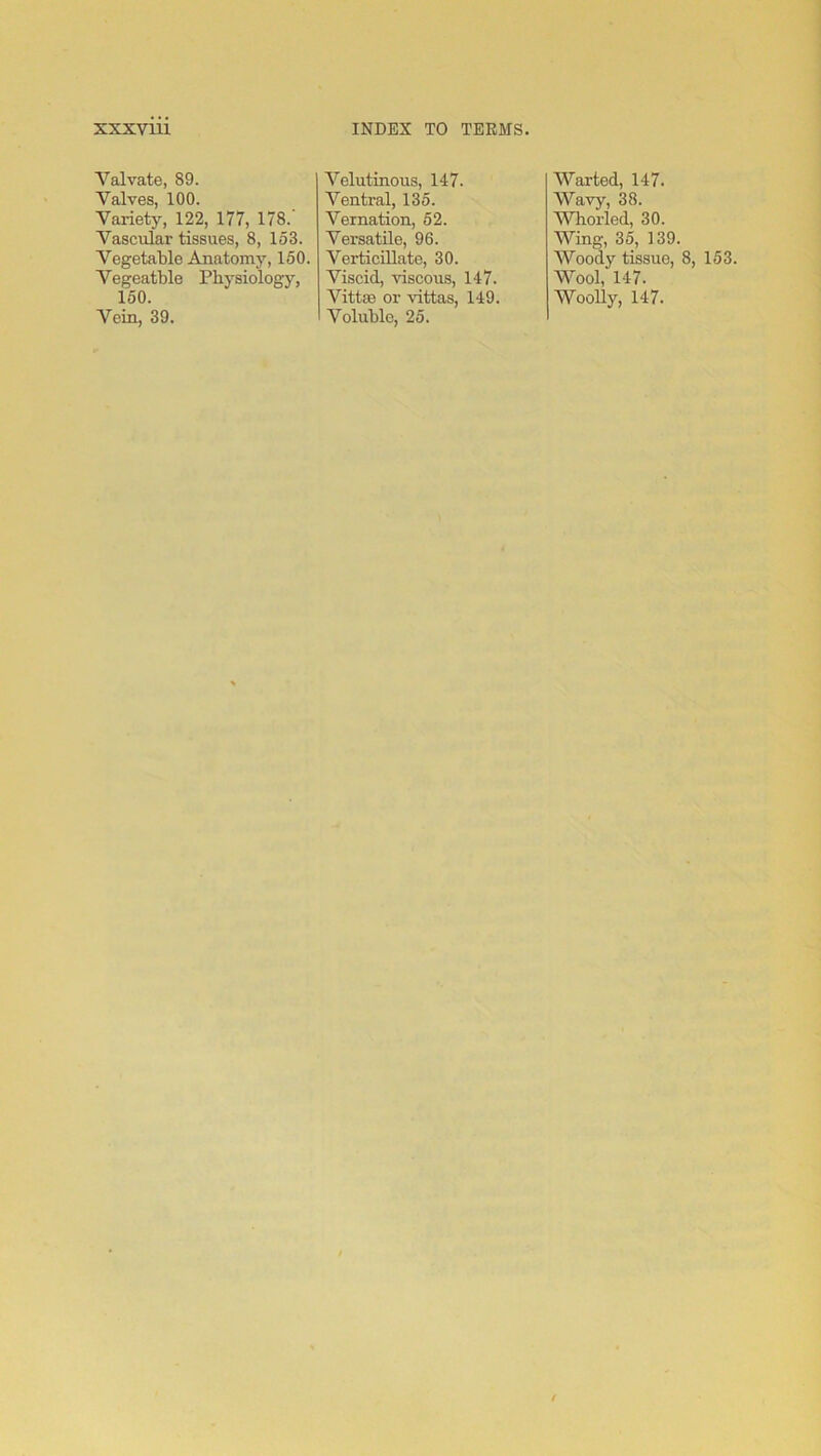 XXX vm Valvate, 89. Valves, 100. Variety, 122, 177, 178.' Vascular tissues, 8, 153. Vegetable Anatomy, 150. Vegeatble Physiology, Vein, 39. INDEX TO TERMS. Velutinous, 147. Ventral, 135. Vernation, 52. Versatile, 96. Verticillate, 30. Viscid, viscous, 147. Voluble, 25. War ted, 147. Wavy, 38. Whorled, 30. Wing, 35, 139. Woody tissue, 8 Wool, 147. , 153.