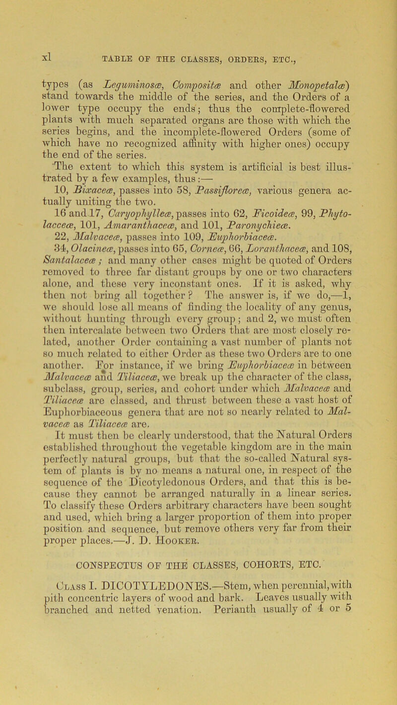 types (as Leguminos<s, Compositge and other Monopetalos) stand towards the middle of the series, and the Orders of a lower type occupy the ends; thus the complete-flowered plants with much separated organs are those with which the series begins, and the incomplete-flowered Orders (some of which have no recognized affinity with higher ones) occupy the end of the series. The extent to which this system is artificial is best illus- trated by a few examples, thus:— 10, Bixaceee, passes into 58, Bassiflorecc, various genera ac- tually uniting the two. 16 and 17, Caryophyllea, passes into 62, Ficoidea, 99, Fliyto- lacceoR, 101, Amaranthacece, and 101, Faronychiecs. 22, Malvacece, passes into 109, Euphorhiacece. 31, Olacinea;, passes into 65, Cornea, 66, Lorantlincece, and 108, SantalacecB ; and many other cases might be quoted of Orders removed to three far distant groups by one or two characters alone, and these very inconstant ones. If it is asked, why then not bring all together ? The answer is, if we do,—1, we should lose all means of finding the locality of any genus, without hunting through every group ; and 2, we must often then intercalate betAveen two Orders that are most closely re- lated, another Order containing a vast number of ])lants not so much related to either Order as these two Orders ai’e to one another. For instance, if we bring Euphorhiacece in between Malvacece and Tiliacece, Ave break up the character of the class, subclass, group, series, and cohort under which Malvacece and Tiliacece are classed, and thrust betAveeu these a vast host of Euphorbiaceous genera that are not so nearly related to Mal- vacece as Tiliacece are. It must then be clearly understood, that the Natural Orders established throughout the vegetable kingdom are in the main perfectl}'^ natural groups, but that the so-called Natural sys- tem of plants is by no means a natural one, in respect of the sequence of the Dicotyledonous Orders, and that this is be- cause they cannot be arranged naturally in a linear series. To classify these Orders arbitrary characters have been sought and used, Avhich bring a larger proportion of them into proper position and sequence, but remove others very far from their proper places.—J. D. IIookee. CONSPECTUS OF THE CLASSES, COHOKTS, ETC. Class I. DICOTYLEDONES.—Stem, Avhen perennial,Avith pith concentric layers of Avood and bark. Leaves usually Avith branched and netted venation. Perianth usually of 4 or 5