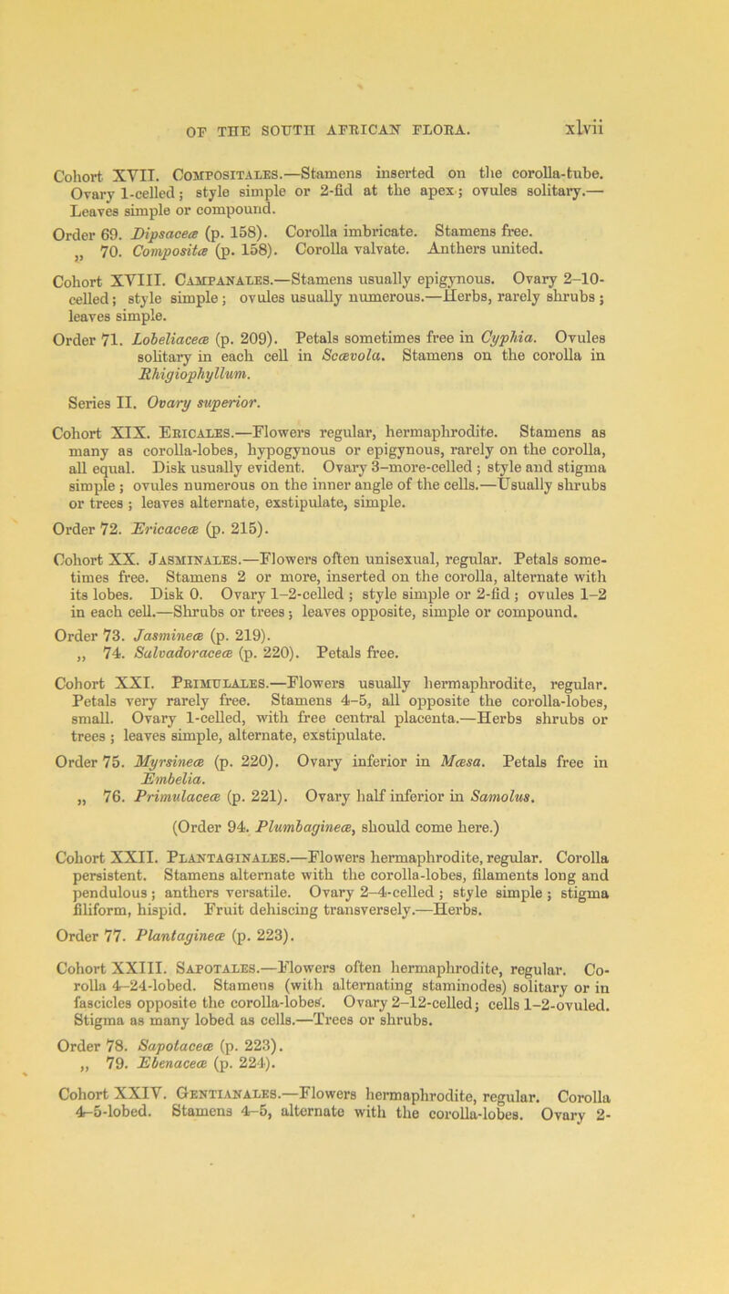 Cohort XVIT. Compositaxes.—Stamens inserted on the corolla-tube. Ovary 1-celled; style simple or 2-fid at the apex; ovules solitary.— Leaves simple or compound. Order 69. Bipsacea (p. 158). Corolla imbricate. Stamens free. „ 70. Composite (p. 158). Corolla valvate. Anthers united. Cohort XVIII. Campanaxes.—Stamens usually epigynous. Ovary 2-10- celled; style simple; ovules usually numerous.—Herbs, rai’ely shrubs ; leaves simple. Order 71. Loheliacea (p. 209). Petals sometimes free in CypMa. Ovules sohtary in each cell in Secevola. Stamens on the corolla in Rhigiophyllum. Series II. Ovary superior. Cohort XIX. Eeicaxes.—Flowers regular, hermaphrodite. Stamens as many as corolla-lobes, hypogynous or epigynous, rarely on the coroUa, aU equal. Disk usually evident. Ovary 3-more-celled ; style and stigma simple ; ovules numerous on the inner angle of the cells.—Usually slxrubs or trees ; leaves alternate, exstipulate, simple. Order 72. Rricacece (p. 215). Cohort XX. Jasminaxes.—Flowers often unisexual, regular. Petals some- times fi’ee. Stamens 2 or more, inserted on the corolla, alternate with its lobes. Disk 0. Ovary 1-2-celled ; style simple or 2-fid ; ovules 1-2 in each cell.—Shrubs or trees; leaves opposite, simple or compound. Order 73. Jasminem (p. 219). „ 74. Salvadoracece (p. 220). Petals free. Cohort XXI. Peimtjxaxes.—Flowers usually hermaphrodite, regular. Petals very rarely free. Stamens 4-5, all opposite the corolla-lobes, small. Ovary 1-ceUed, with free central placenta.—Herbs shrubs or trees ; leaves simple, alternate, exstipulate. Order 75. Myrsinece (p. 220). Ovary inferior in Masa. Petals free in 'Embelia. „ 76. PrimulacecR (p. 221). Ovary half inferior in Samolus, (Order 94. Plumbagineee, should come here.) Cohort XXII. PxANTAGiNAXES.—Flowers hermaphrodite, regular. Corolla persistent. Stamens alternate with the corolla-lobes, filaments long and pendulous ; anthers versatile. Ovary 2-4-ceUed ; style simple ; stigma fihform, hispid. Fruit dehiscing transversely.—Herbs. Order 77. Plantayinece (p. 223). Cohort XXIII. Sapotaxes.—Flowers often hermaphrodite, regular. Co- rolla 4-24-lobed. Stamens (with alternating staminodes) solitary or in fascicles opposite the coroUa-lobeS. Ovary 2-12-ceUed; cells 1-2-ovuled. Stigma as many lobed as cells.—Trees or shrubs. Order 78. Sapolacece (p. 223). „ 79. JEbenacece (p. 224). Cohort XXIV. Gentianaxes.—Flowers hermaphrodite, regular. Corolla 4-5-lobed. Stamens 4-5, alternate with the corolla-lobes. Ovary 2-