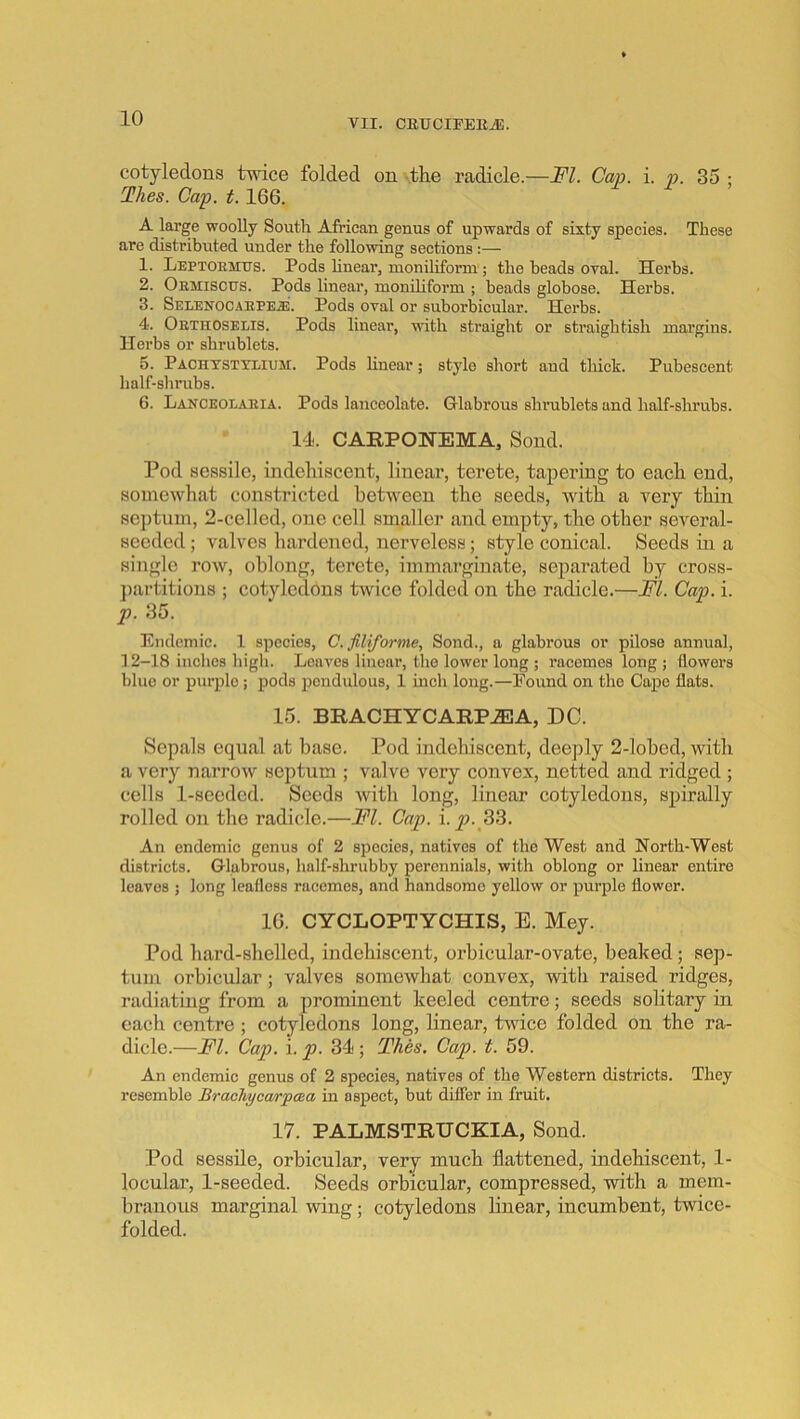 cotyledons tvdce folded on -the radicle.—FI. Cap. i. p. 35 ; Hhes. Cap. t. 166. A large woolly South African genus of upwards of sixty species. These are distributed under the following sections:— 1. Leptoemtjs. Pods Unear, nioniliforni; the heads oval. Hei'bs. 2. Oemiscus. Pods linear, moniliform ; beads globose. Herbs. 3. Selenocaepe.®. Pods oval or suborbicular. Herbs. 4. Oethoselis. Pods linear, \A’ith straight or straightish margins. Herbs or shrublets. 5. Pachtstymum. Pods linear; style short and thick. Pubescent half-shrubs. 6. Lanceolaeia. Pods lanceolate. Glabrons shrublets and half-shrubs. 14. CAHPONEMA, Sond. Pod sessile, indeliiscent, linear, terete, tapering to each end, somewhat constricted between the seeds, with a very thin septum, 2-celled, one cell smaller and empty, the other several- seeded ; valves hardened, nerveless; style conical. Seeds in a single row, oblong, terete, immarginate, separated by cross- ])artitions ; cotyledons twice folded on the radicle.—FI. Cap. i. p. 35. Endemic. 1 species, C. filiforme, Sond., a glabrous or pilose annual, 12-18 inches high. Leaves linear, the lower long ; racemes long; flowers blue or purple; pods pendulous, 1 inch long.—Found on the Cape flats. 15. BRACHYCAHP.®A, DC. Sepals equal at base. Pod indehiscent, deeply 2-lobed, with a very narrow septum ; valve very convex, netted and ridged ; cells 1-seeded. Seeds ivith long, linear cotyledons, spirally rolled on the radicle.—FI. Cap. i. y>._33. An endemic genus of 2 species, natives of the West and North-West districts. Glabrous, half-shrubby perennials, with oblong or linear entire leaves ; long leafless racemes, and handsome yellow or purple flower. 16. CYCLOPTYCHIS, E. Mey. Pod hard-shelled, indehiscent, orbicular-ovate, beaked; sep- tum orbicular; valves somewhat convex, with raised ridges, radiating from a prominent keeled centre; seeds solitary in each centre; cotyledons long, linear, twice folded on the ra- dicle.—FI. Cap. i. p. 34 ; Thes. Cap. t. 59. An endemic genus of 2 species, natives of the Western districts. They resemble Bracliyca/rpaa in aspect, but differ in fruit. 17. PALMSTRUCKIA, Sond. Pod sessile, orbicular, very much flattened, indehiscent, 1- locular, 1-seeded. Seeds orbicular, compressed, with a mem- branous marginal wing; cotyledons linear, incumbent, twice- folded.