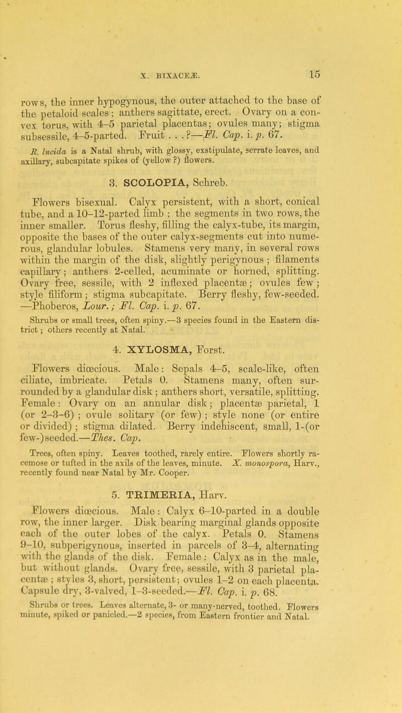 rows, the inner hypogynons, the outer attached to the base of the petaloid scales; anthers sagittate, erect. Ovary on a con- vex torus, -with 4-5 pai’ietal placentas; ovules many; stigma subsessile, 4—5-parted. Ih’uit . . .?—FI. Cap. i. p. 67. R. lucida is a Natal shrub, with glossy, exstipulate, serrate leaves, and axillary, subcapitate spikes of (yellow ?) flowers. 3. SCOLOPIA, Schreh. Flovrers bisexual. Calyx persistent, with a short, conical tube, and a 10-12-parted limb ; the segments in two rows, the inner smaller. Torus fleshy. Ailing the calyx-tube, its margin, opposite the bases of the outer calyx-segments cut into nume- rous, glandular lobules. Stamens very many, in several rows within the margin of the disk, slightly perigynous ; filaments capillary; anthers 2-celled, acuminate or horned, splitting. Ovary free, sessile, with 2 indexed placentae; ovules few; style filiform; stigma subcapitate. Berry fleshy, few-seeded. —Phoberos, Lour.; FI. Cap. i. p. 67. Shrubs or small trees, often spiny.—3 species found in the Eastern dis- trict ; others recently at Natal. 4. XYLOSMA, Porst. Flowers dioecious. Male: Sepals 4-5, scale-like, often cihate, imbricate. Petals 0. Stamens many, often sur- rounded by a glandular disk ; anthers short, versatile, splitting. Female: Ovary on an annular disk; placentae parietal, 1 (or 2-3-6) ; ovule solitary' (or few) ; style none (or entire or divided) ; stigma dilated. Berry indehiscent, small, l-(or few-)seeded.—Thes. Cap. Trees, often spiny. Leaves toothed, rarely entire. Flowers shortly ra- cemose or tufted in the axils of the leaves, minute. X. monosfora, Harv., recently found near Natal by Mr. Cooper. 5. TRIMERIA, Harv. Flowers dioecious. Male: Calyx 6-10-parted in a double row, the inner larger. Disk hearing marginal glands opposite each of the outer lobes of the calyx. Petals 0. Stamens 9-10, suhperigynous, inserted in parcels of 3-4, alternating with the glands of the disk. Female : Calyx as in the male, but without glands. Ovary free, sessile, with 3 parietal pla- centae ; styles 3, short, persistent; ovules 1-2 on each placenta. Capsule dry, 3-valved, 1-3-seeded.'—FI. Cap. i. p. 68. Shrubs or trees. Leaves alternate, 3- or many-norved, toothed. Flowers minute, spiked or pamcled.—2 species, from Eastern frontier and Natal.