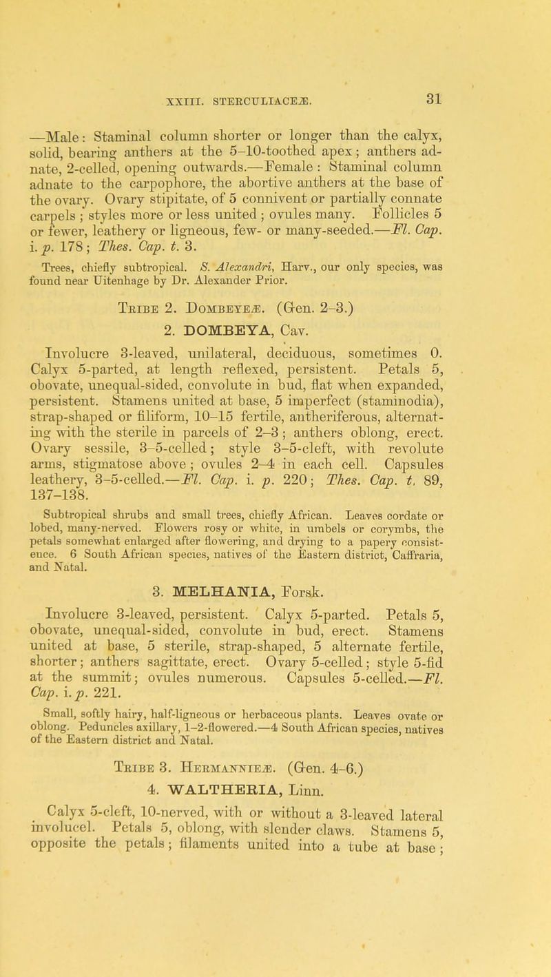 —Male: Staminal column shorter or longer than the calyx, solid, bearing anthers at the 5-10-toothed apex; anthers ad- nate, 2-celled, opening outwards.—Female : Staminal column adnate to the carpophore, the abortive anthers at the base of the ovary. Ovary stipitate, of 5 connivent or partially connate carpels ; styles more or less united ; ovules many. Follicles 5 or fewer, leathery or ligneous, few- or many-seeded.—FI. Cap. i. p. 178; Thes. Cap. t. 3. Trees, chiefly subtropical. S. Alexandria Harv., our only species, was found near Uitenhage by Dr. Alexander Prior. TeIBE 2. DoMBETEiE. (Greu. 2-3.) 2. DOMBEYA, Cav. Involucre 3-leaved, unilateral, deciduous, sometimes 0. Calyx 5-parted, at length reflexed, persistent. Petals 5, obovate, unequal-sided, convolute in bud, flat when expanded, persistent. Stamens united at base, 5 imperfect (staminodia), strap-shaped or filiform, 10-15 fertile, antheriferous, alternat- ing with the sterile in parcels of 2-3 ; anthers oblong, erect. Ovary sessile, 3-5-celled; style 3-5-cleft, with revolute arms, stigmatose above ; ovules 2-^ in each cell. Capsules leathery, 3-5-ceUed.—FI. Cap. i. p. 220; Thes. Cap. t. 89, 137-138. Subtropical shrubs and small trees, chiefly African. Leaves cordate or lobed, many-nerved. Flowers rosy or white, in umbels or corymbs, the petals somewhat enlarged after flowering, and drying to a papery consist- ence. 6 South African species, natives of the Eastern district, Caifraria, and Natal. 3. MELHANIA, Forsk. Involucre 3-leaved, persistent. Calyx 5-parted. Petals 5, obovate, unequal-sided, convolute in bud, erect. Stamens united at base, 5 sterile, strap-shaped, 5 alternate fertile, shorter; anthers sagittate, erect. Ovary 5-celled; style 5-fid at the summit; ovules numerous. Capsules 5-celled.—FI. Cap. \.p. 221. Small, softly hairy, half-ligneous or herbaceous plants. Leaves ovate or oblong. Peduncles axillary, 1-2-flowered.—4 South African species, natives of the Eastern district and Natal. Tribe 3. PlEEMANXiEiE. (Gren. 4-6.) 4. WALTHERIA, Linn. Calyx 5-cleft, 10-nerved, with or without a 3-leaved lateral involucel. Petals 5, oblong, with slender claws. Stamens 5, opposite the petals; filaments united into a tube at base;