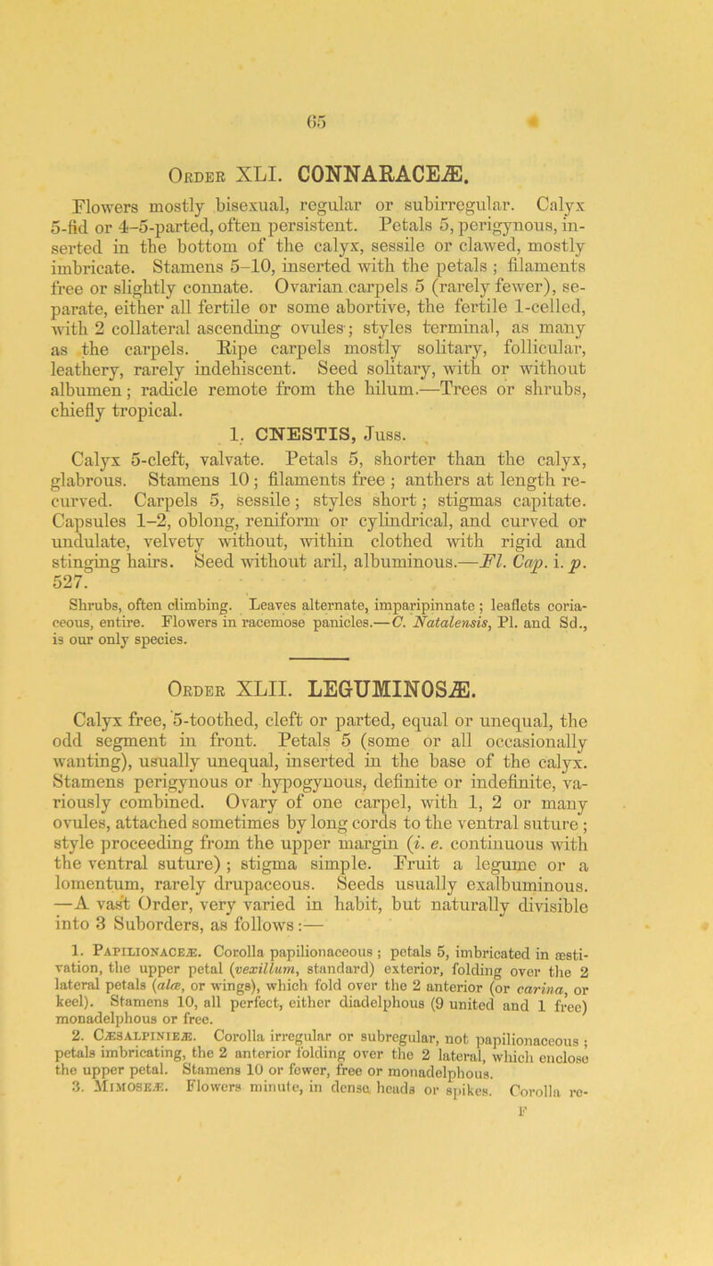 Obdeb XLI. CONNARACE^. Flowers mostly bisexual, regular or subirregular. Calyx 5-fid or 4-5-parted, often persistent. Petals 5, perigynous, in- serted in tbe bottom of the calyx, sessile or clawed, mostly imbricate. Stamens 5-10, inserted with the petals ; filaments free or slightly connate. Ovarian.carpels 5 (rarely fewer), se- parate, either all fertile or some abortive, the fertile 1-celled, ndth 2 collateral ascending ovules-; styles terminal, as many as the carpels. Eipe carpels mostly solitary, follicular, leathery, rarely iudehiscent. Seed solitary, with or without albumen; radicle remote from the hilum.—Trees or shrubs, chiefly tropical. 1, CNESTIS, Juss. Calyx 5-cleft, valvate. Petals 5, shorter than the calyx, glabrous. Stamens 10; filaments free ; anthers at length re- curved. Carpels 5, sessile; styles short; stigmas capitate. Capsules 1-2, oblong, reniform or cylindrical, and curved or undulate, velvety without, within clothed with rigid and stinging hairs. Seed without ard, albuminous.—FI. Cap. i. p. 527. Shrubs, often climbing. Leaves alternate, imparipinnate ; leaflets coria- ceous, entire. Flowers in racemose panicles.—C. Natalensis, PI. and Sd., is our only species. Obdeb XLIL LEGUMINOS^. Calyx free, 5-toothed, cleft or parted, equal or unequal, the odd segment in front. Petals 5 (some or all occasionally wanting), usually unequal, inserted in the base of the calyx. Stamens perigynous or hypogynous, definite or indefinite, va- riously combined. Ovary of one carpel, with 1, 2 or many ovules, attached sometimes by long cords to the ventral suture ; style proceeding from the upper margin (i. e. continuous with the ventral suture) ; stigma simple. Fruit a legume or a loraentum, rarely drupaceous. Seeds usually exalbuminous. —A vas't Order, very varied in habit, but naturally divisible into 3 Suborders, as follows:— 1. Papilionaceje. Corolla papilionaceous ; petals 5, imbricated in aesti- vation, tbe upper petal {yexillum, standard) exterior, folding over tbe 2 lateral petals or -wings), which fold over the 2 anterior (or carina or keel). Stamens 10, all perfect, either diadelphous (9 united and 1 free) monadelphous or free. 2. Ca:3ALPiNiEin:. Corolla irregular or subregular, not papilionaceous ; petals imbricating, the 2 anterior folding over the 2 lateral, which enclose the upper petal. Stamens 10 or fewer, free or monadelphous. .3. Mimose-e. Flowers minule, in densa heads or sj)ikes. Corolla rc- B