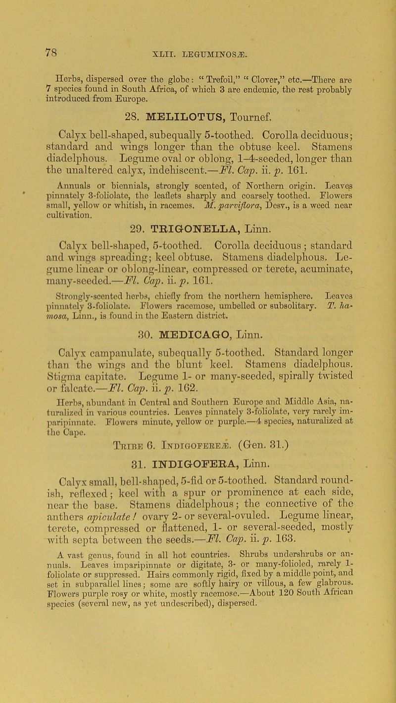 Herbs, dispersed over the globe: “ Trefoil,” “ Clover,” etc.—There are 7 species found in South Africa, of which 3 are endemic, the rest probably introduced from Europe. 28. MELILOTUS, Tournef. Calyx bell-shaped, subequally 5-tootbed. Corolla deciduous; standard and wings longer than the obtuse keel. Stamens diadelphous. Legume oval or oblong, 1-4-seeded, longer than the unaltered calyx, indehiscent.—FI. Cap. ii. p. 161. Annuals or biennials, strongly scented, of Northern origin. Leaver pinnately 3-foliolate, the leaflets sharply and coarsely toothed. Flowers small, yellow or whitish, in racemes. M. parvijlora, Desv., is a weed near cultivation. 29. TRIGONELLA, Linn. Calyx bell-shaped, 5-toothed. Corolla deciduotis ; standard and wings spreading; keel obtuse. Stamens diadelphous. Le- gume linear or oblong-linear, compressed or terete, acuminate, many-seeded.—FI. Cap. ii. p. IGl. Strongly-scented herbs, chiefly from the northern hemisphere. Leaves pinnately 3-foliolate. Flowers racemose, umbelled or subsolitary. T. ha- mosa, Linn., is found in the Eastern district. 30. MEDICAGO, Linn. Calyx campauulate, subequally 5-toothed. Standard longer than the tvings and the blunt keel. Stamens diadelphous. Stigma capitate. Legume 1- or many-seeded, spirally twisted or falcate.—FI. Cap. ii. p. 162. Herbs, abundant in Central and Southern Europe and Middle Asia, na- turalized in various countries. Leaves pinnately 3-foliolate, very rarely im- liaripinnatc. Flowers minute, yellow or purple.—4 species, naturalized at the Cape. TniBE 6. iNDTOOEEBEiE. (Gen. 31.) 31. INDIGOEERA, Linn. Calyx small, bell-shaped, 5-fid or 5-toothed. Standard round- ish, refloxed; keel with a spur or prominence at each side, near the base. Stamens diadelphous; the connective of the anthers apiculate ! ovary 2- or several-ovuled. Legume linear, terete, compressed or flattened, 1- or several-seeded, mostly Avith septa between the seeds.—FI. Cap. ii. p. 163. A vast genus, found in all hot countries. Shrubs undorshrubs or an- nuals. Leaves imparipinnate or digitate, 3- or many-folioled, rarely 1- foliolate or suppressed. Hairs commonly rigid, flxed by a middle point, and set in subparallel lines; some are softly hairy or villous, a few glabrous. Flowers purple rosy or white, mostly racemose.—About 120 South African species (several new, as yet undescribed), dispersed.